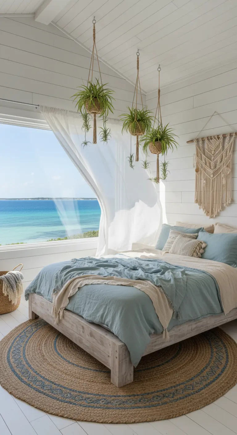 Camera con vista mare, tappeto rotondo in juta e piante sospese vicino alla finestra.