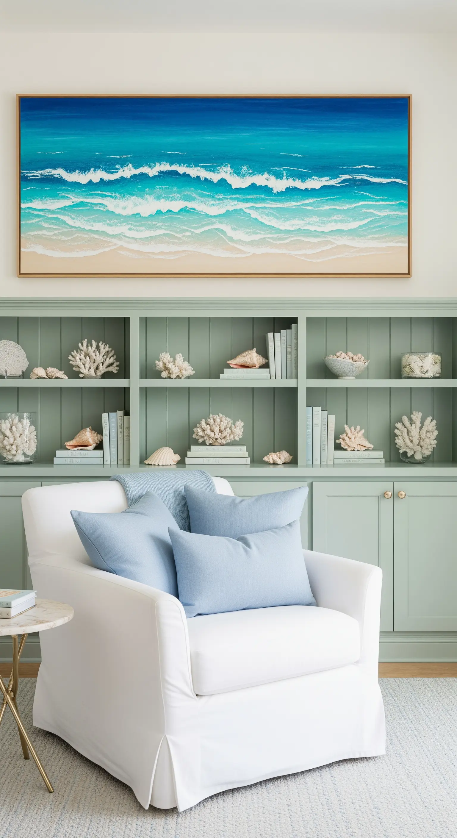 Libreria verde salvia con decori marini, poltrona bianca e grande quadro con onde del mare.