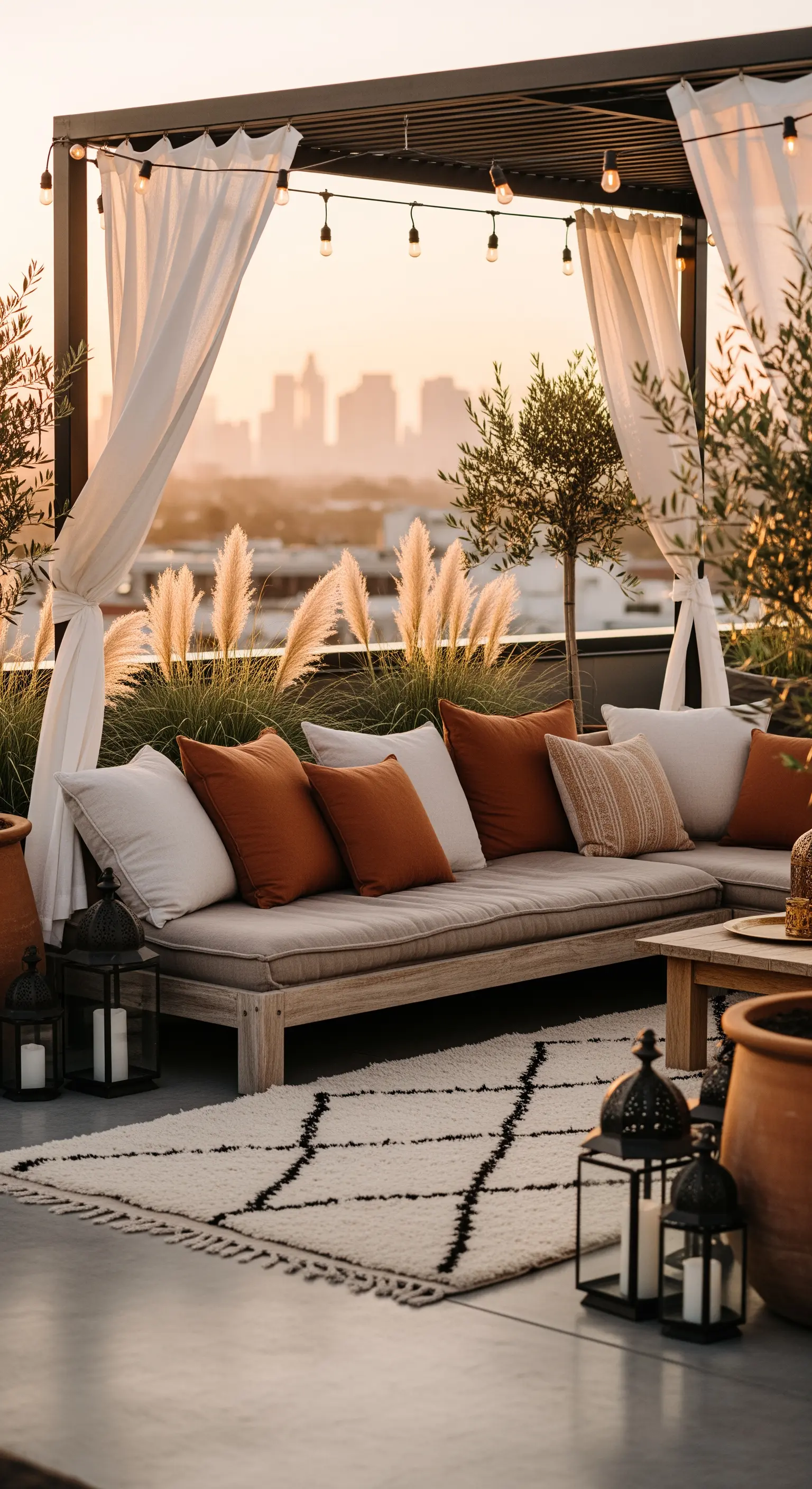 Patio bohémien su un tetto al tramonto con divano, cuscini terracotta e lanterne.