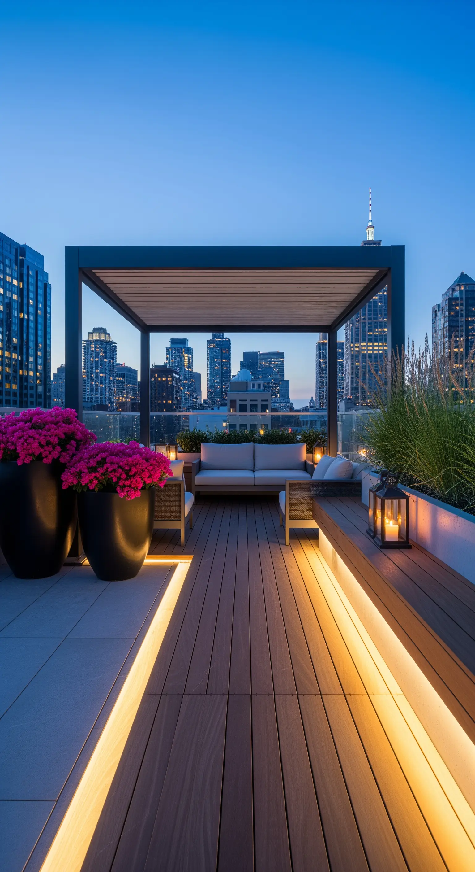 Terrazza panoramica con pergola moderna e strisce led integrate sotto una panca in legno.