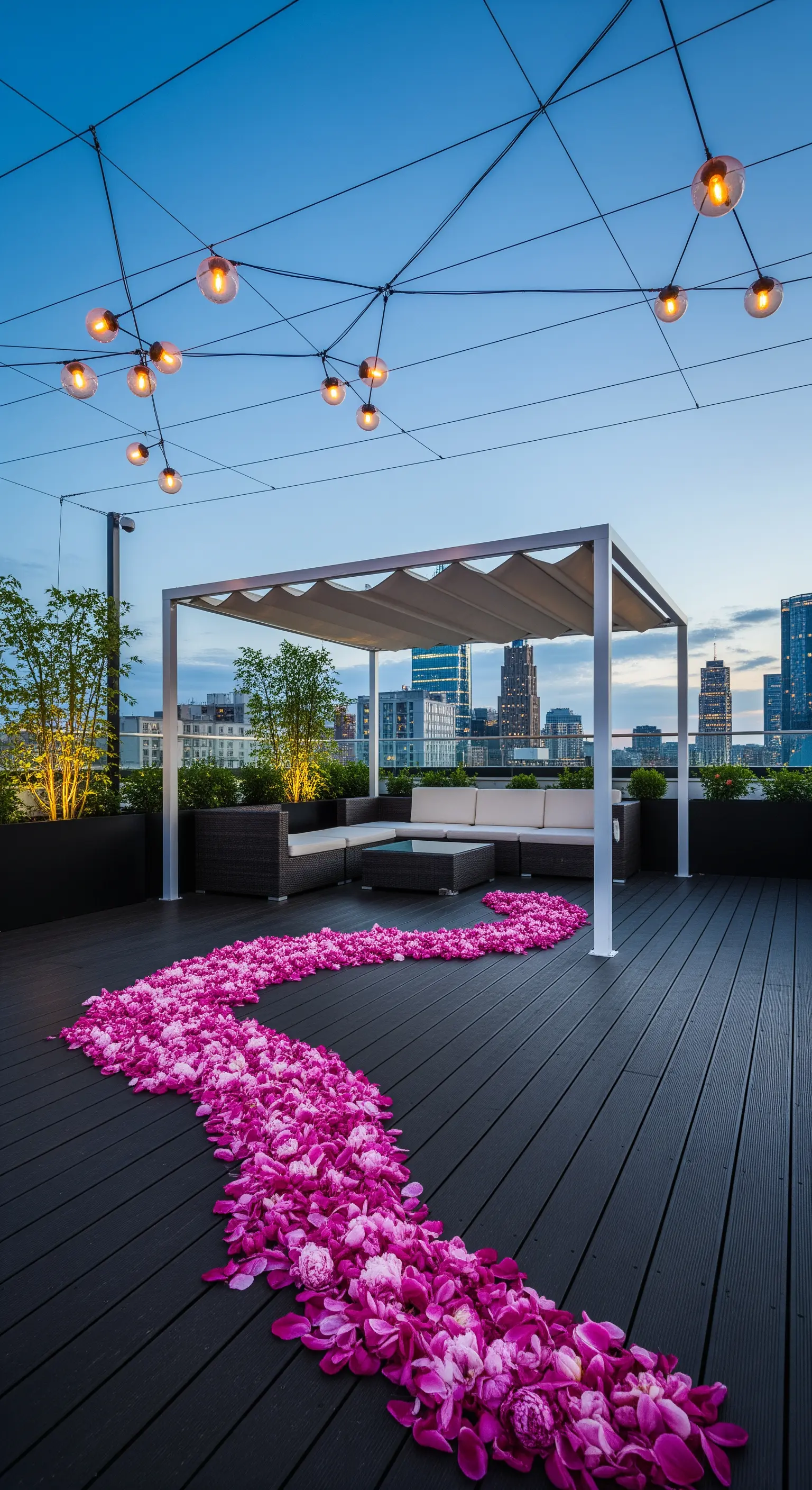 Terrazza moderna con pergola, divani e un sentiero di petali di peonia rosa.