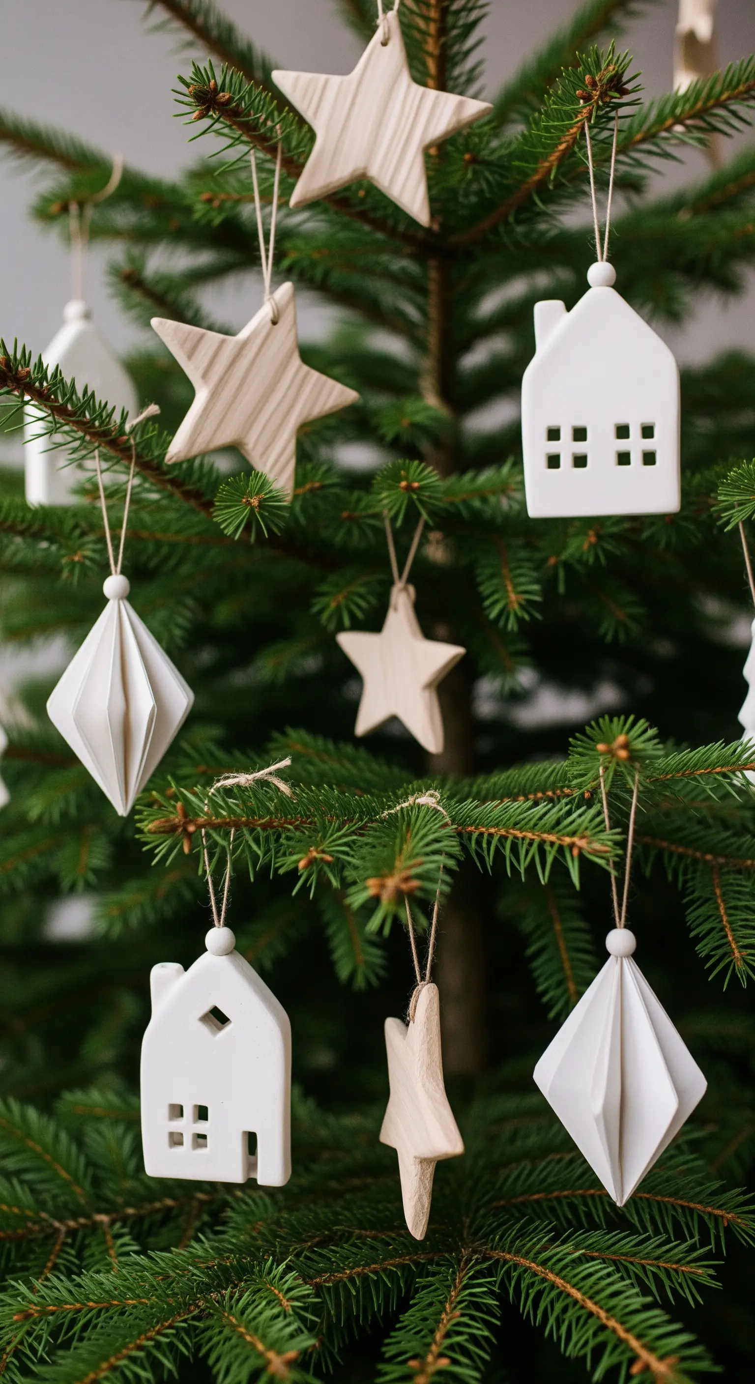 Dettaglio di un albero di Natale con addobbi in legno chiaro e ceramica bianca.