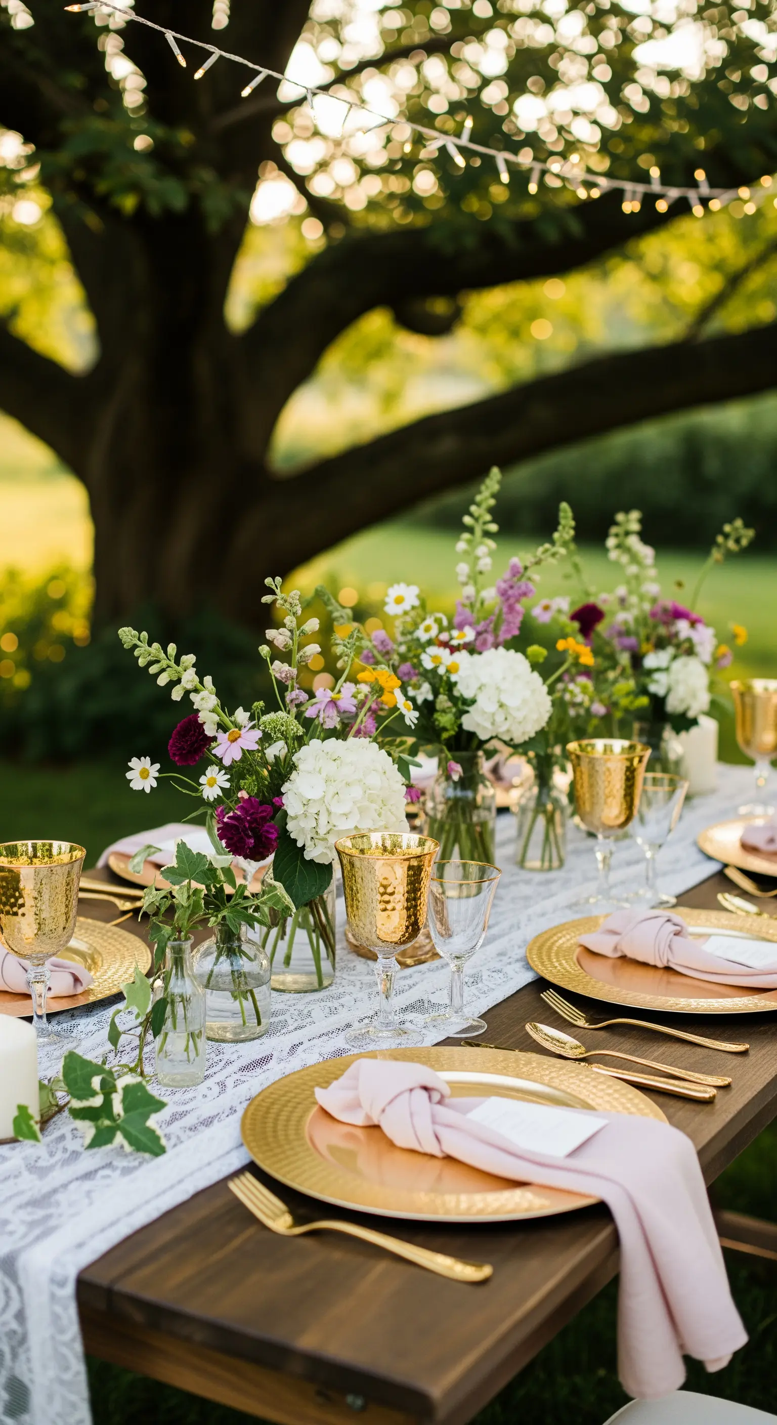 Tavola in legno all'aperto con runner in pizzo, piatti dorati e mazzi di fiori di campo.
