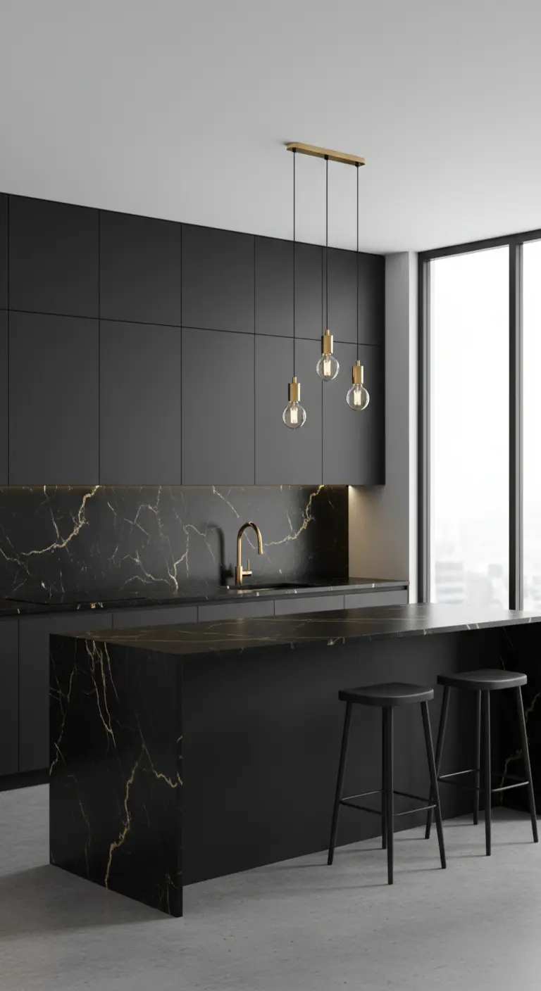 Cucina minimalista nera con isola e paraschizzi in marmo nero venato d'oro e dettagli dorati.