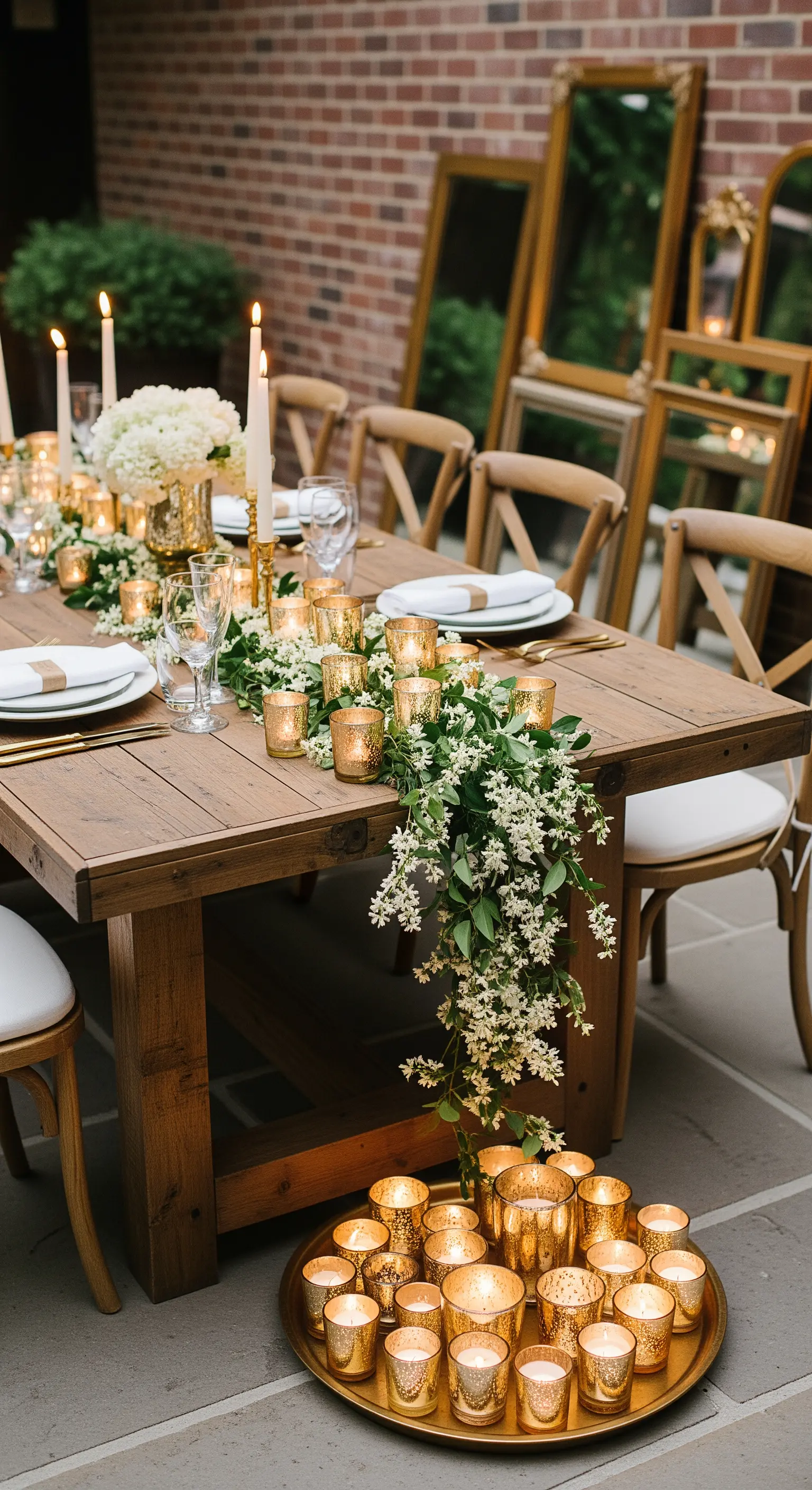 Tavola in legno con runner di fiori bianchi e portacandele dorati.