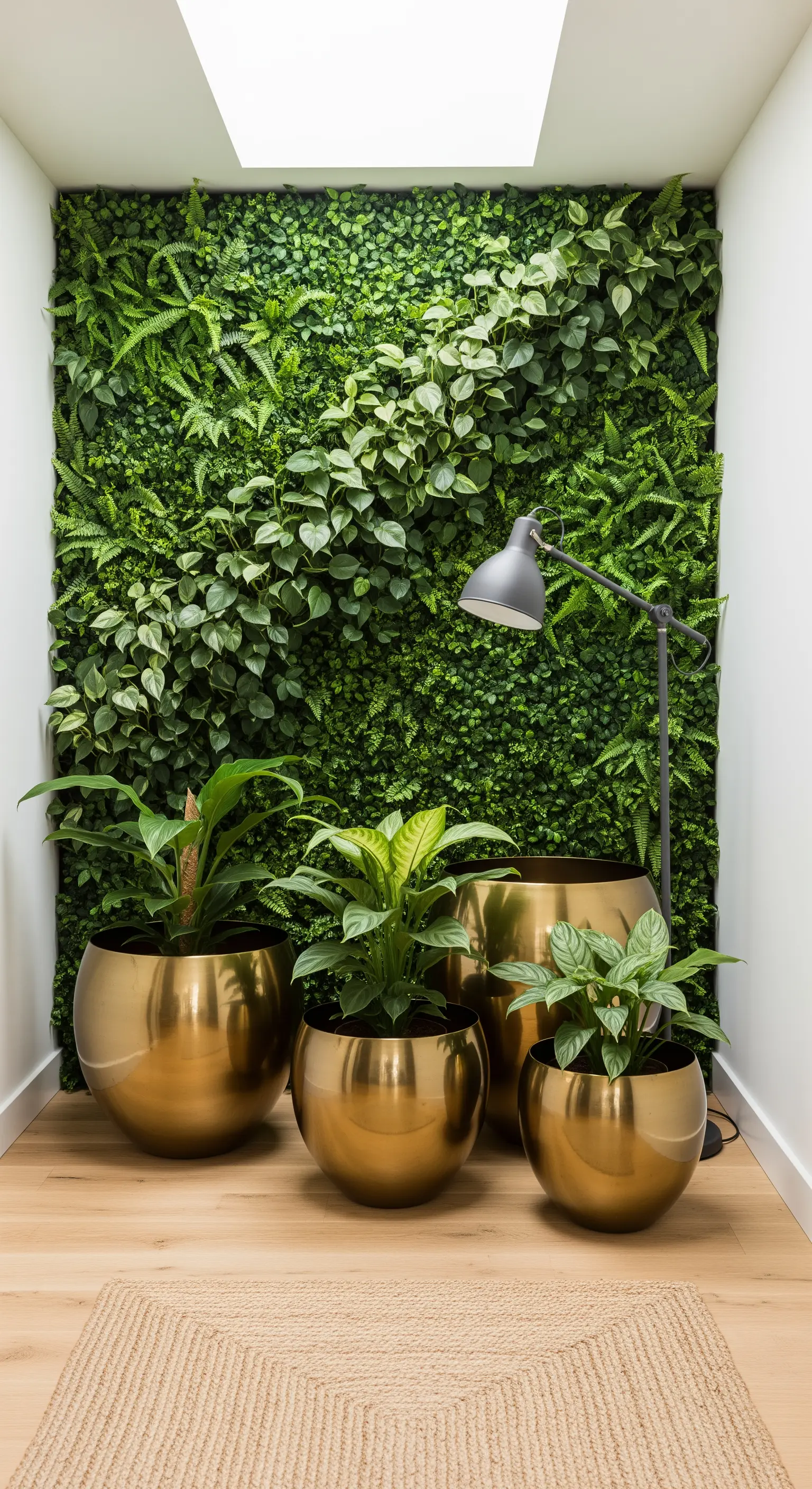 Angolo con parete vegetale e grandi vasi dorati lucidi contenenti piante verdi.
