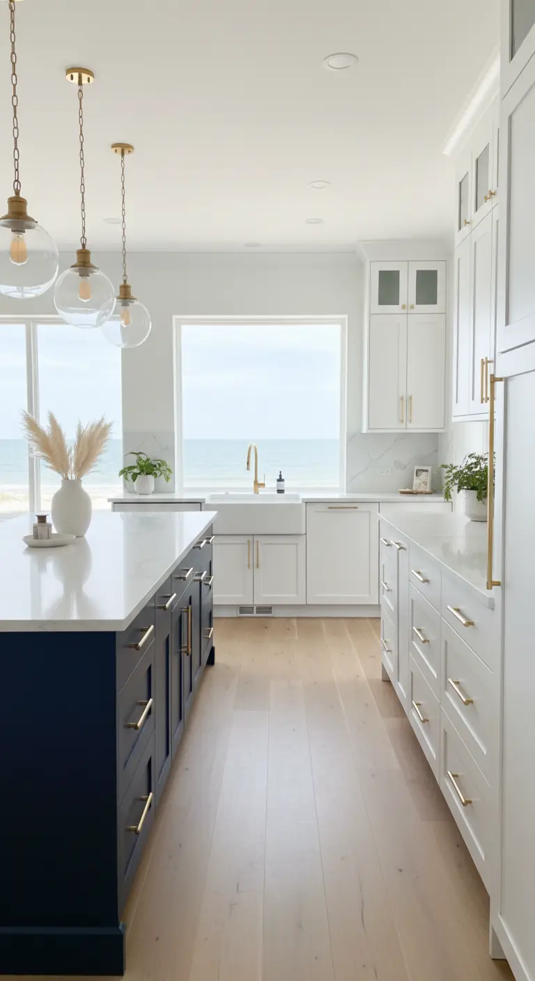 Cucina bianca e blu navy con vista sul mare, illuminata da sospensioni in vetro e oro.