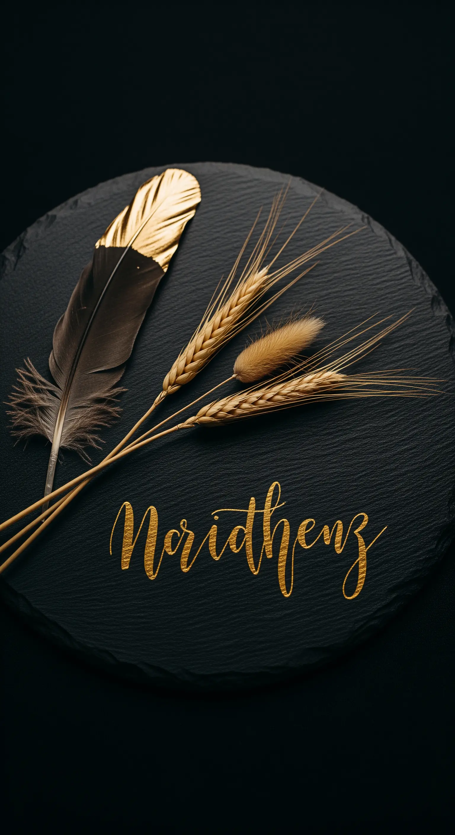 Composizione su ardesia nera con nome in calligrafia dorata e piume dorate.