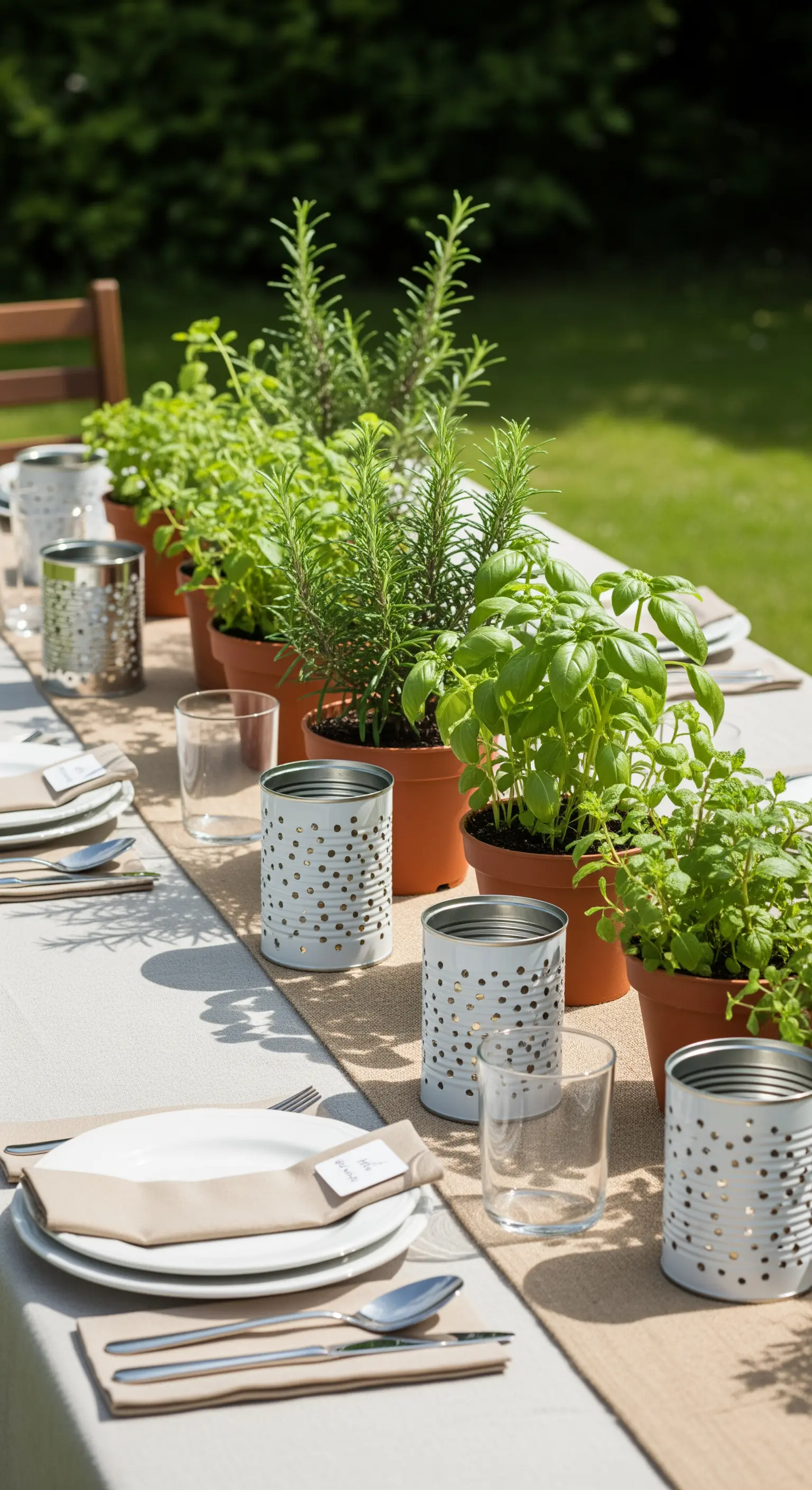 Centrotavola con piante aromatiche in vaso e lanterne fatte con barattoli.