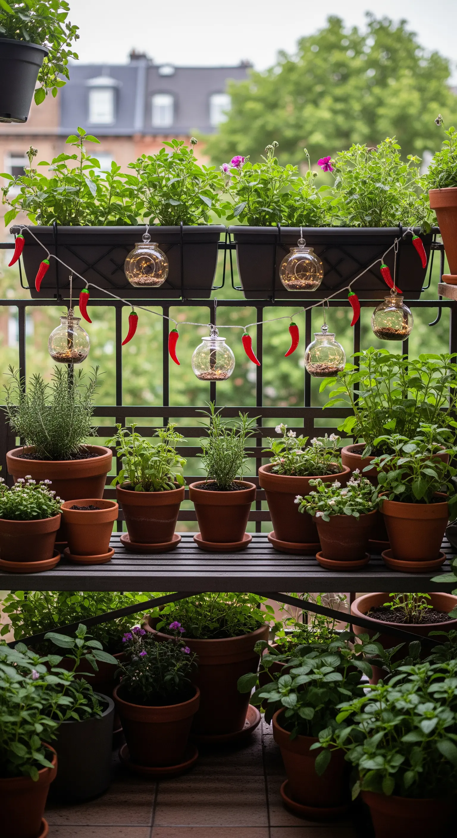 Scaffale con vasi di erbe aromatiche su un balcone, decorato con una ghirlanda luminosa.