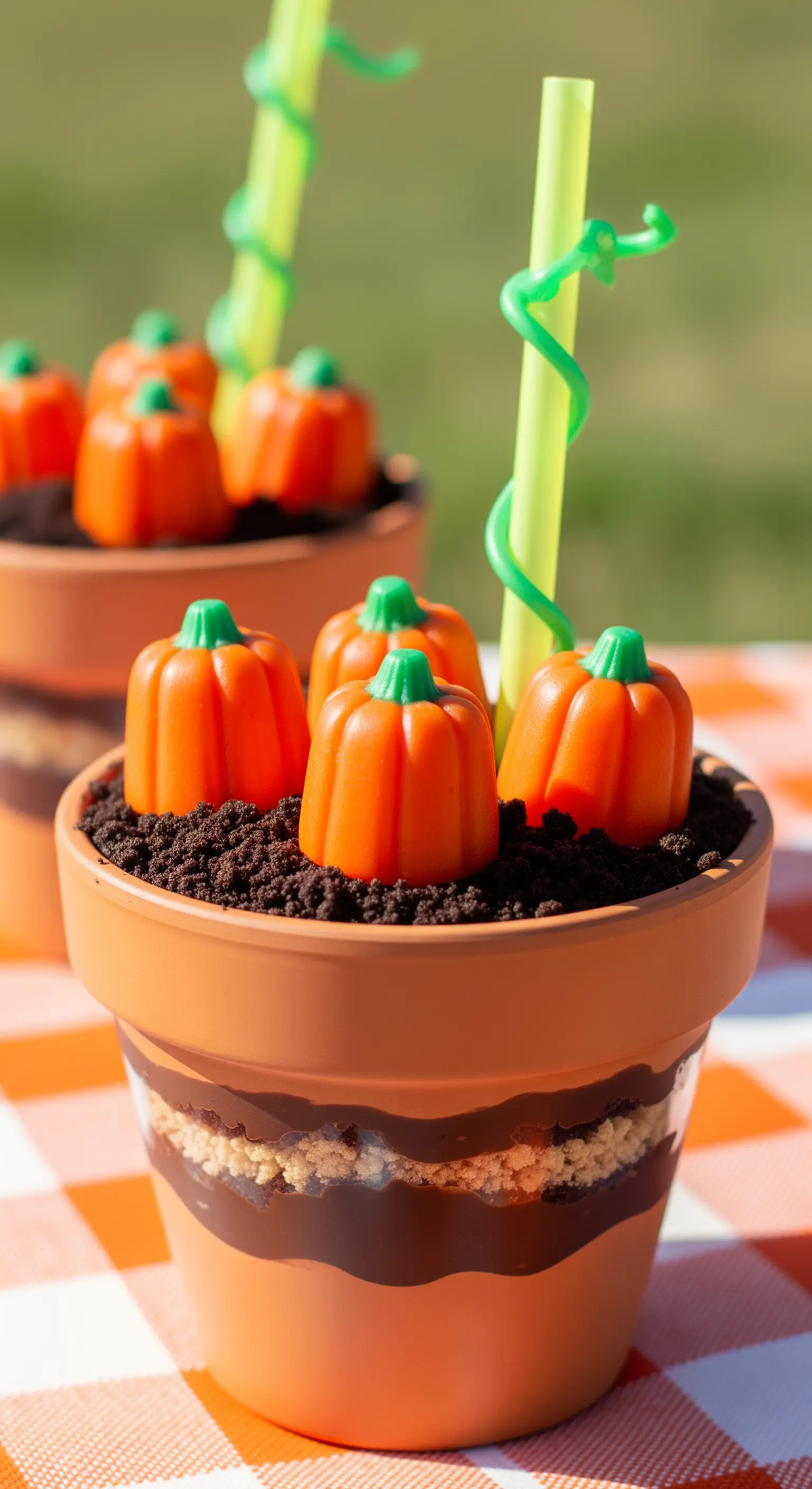 Dessert in un vasetto di terracotta che simula un orto di zucche, con caramelle e biscotti.