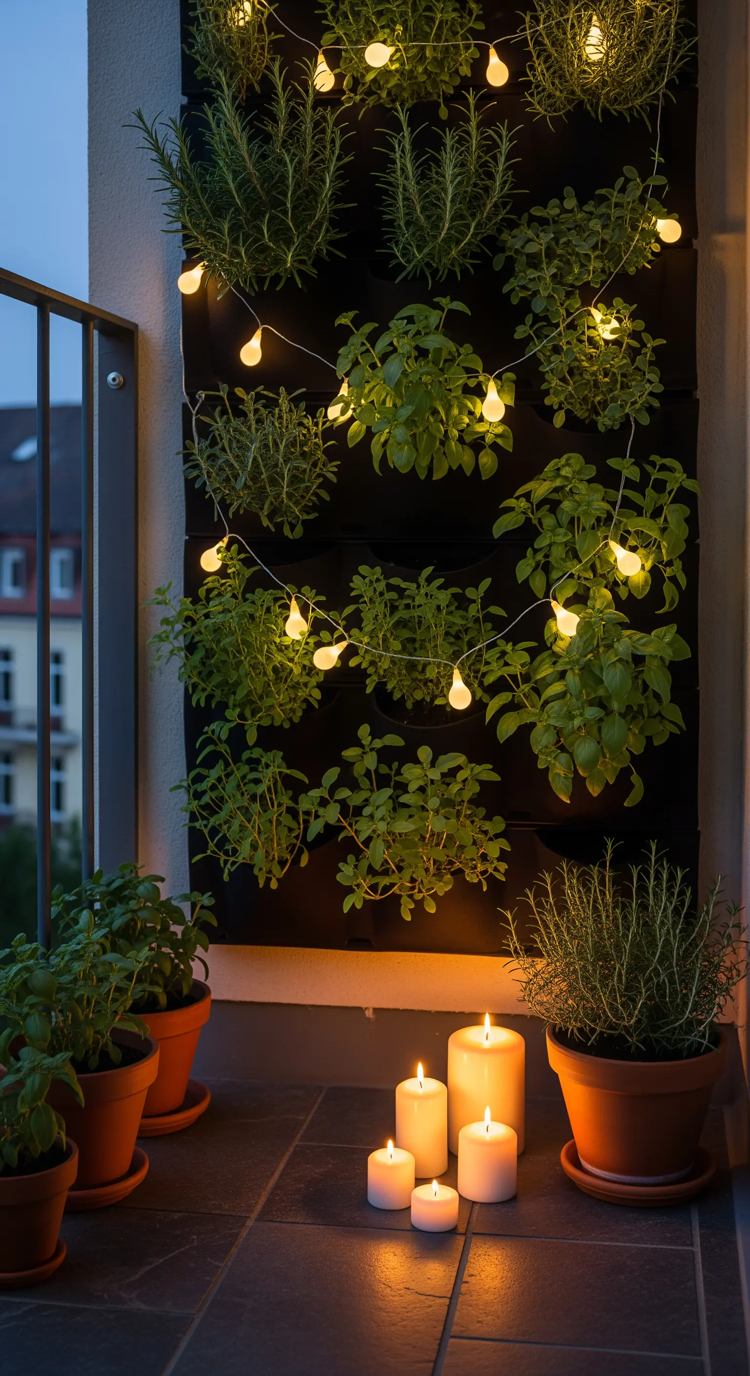 Giardino verticale con erbe aromatiche illuminato da un filo di luci e da candele posizionate alla base