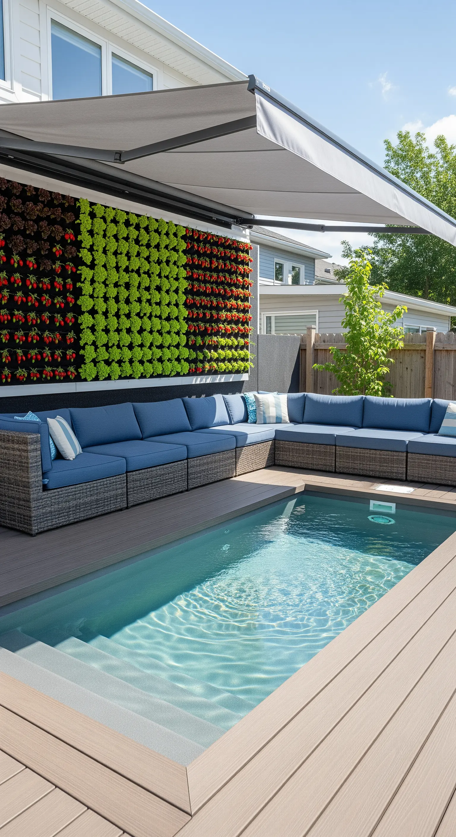 Piscina con decking, divano blu e un orto verticale con lattuga e fragole.