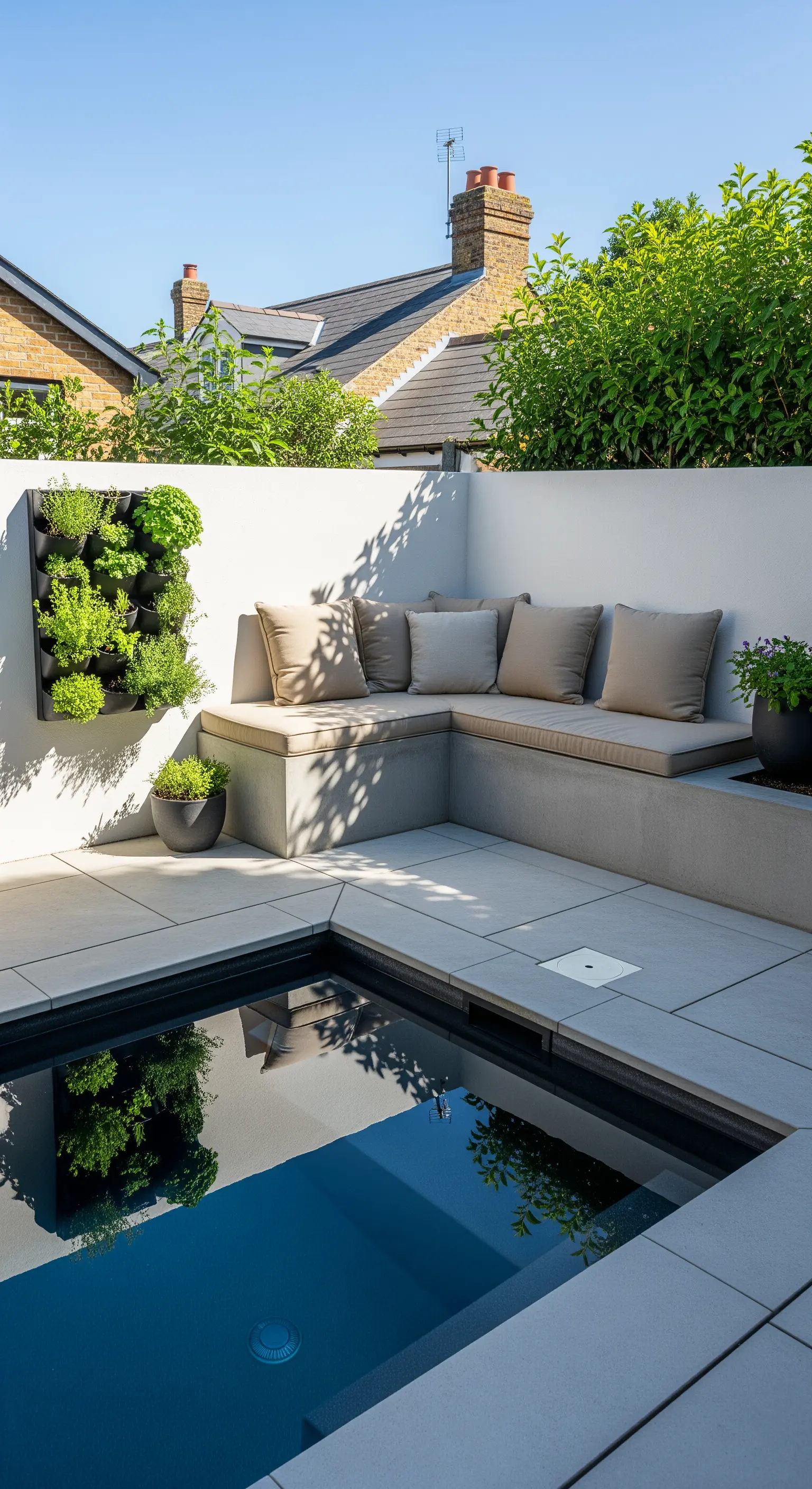 Seduta angolare in muratura con cuscini beige e un orto verticale a parete con erbe aromatiche