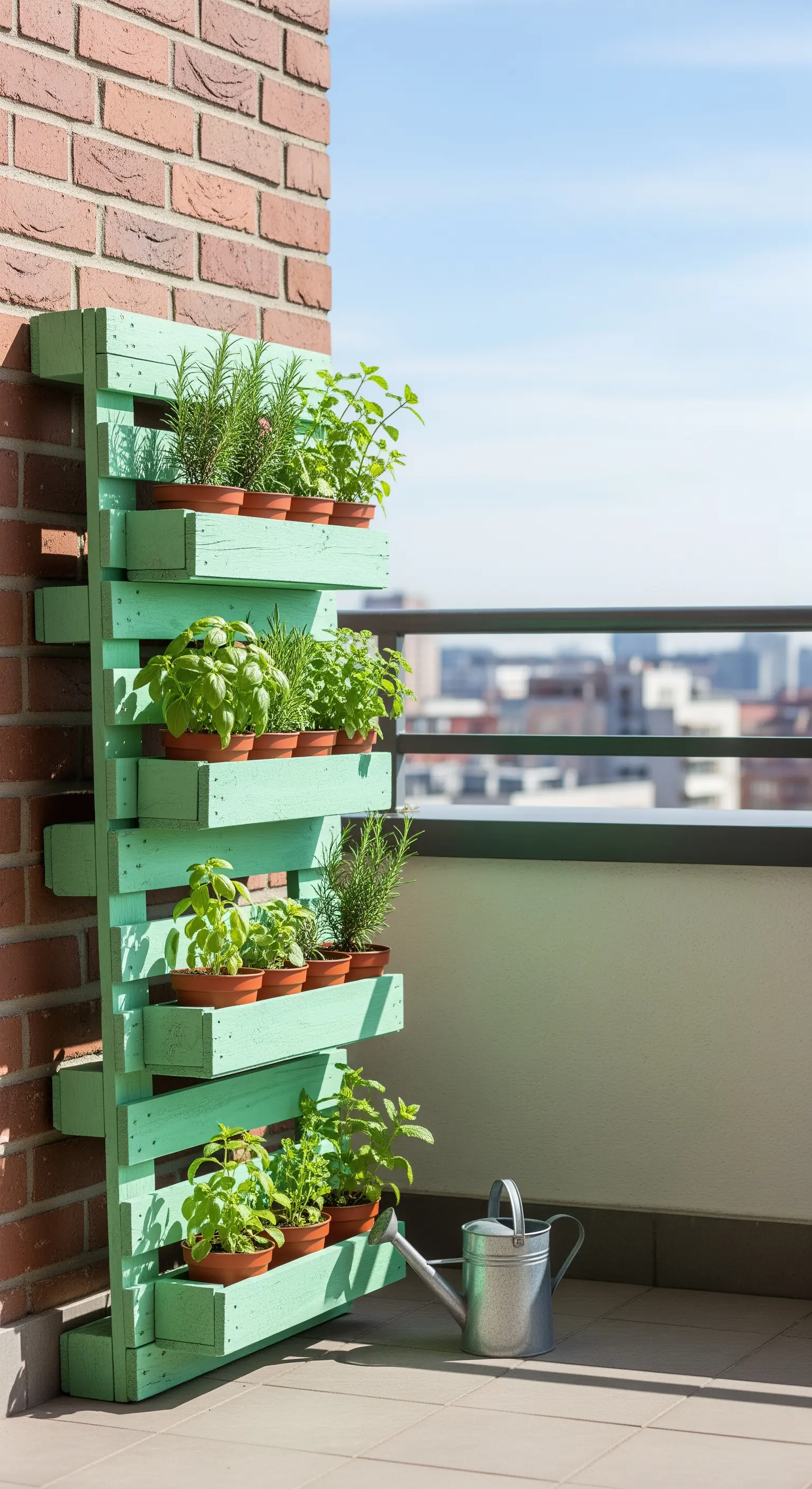 Fioriera verticale fai-da-te con un pallet verde menta per erbe aromatiche.