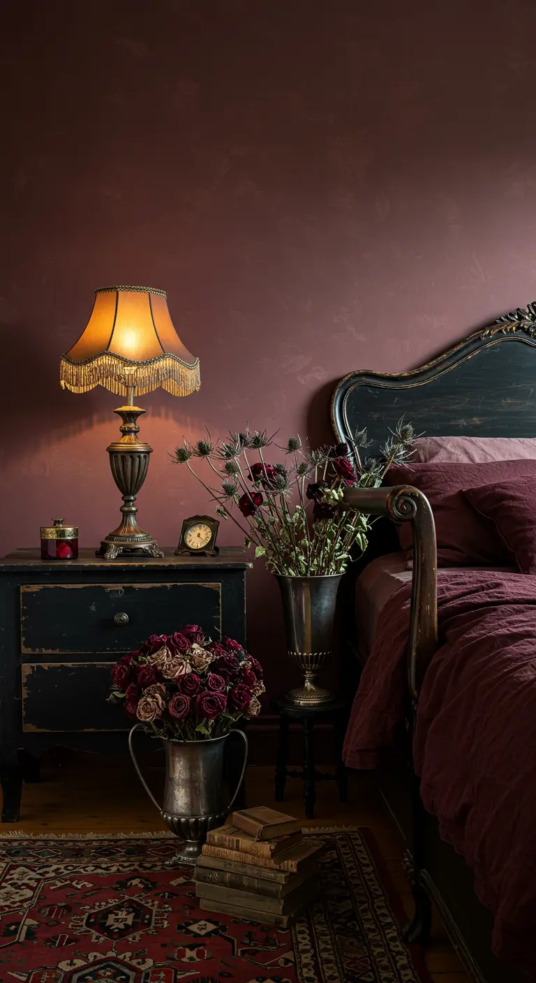 Camera da letto scura con pareti vinaccia, letto nero e lampada vintage con luce calda.