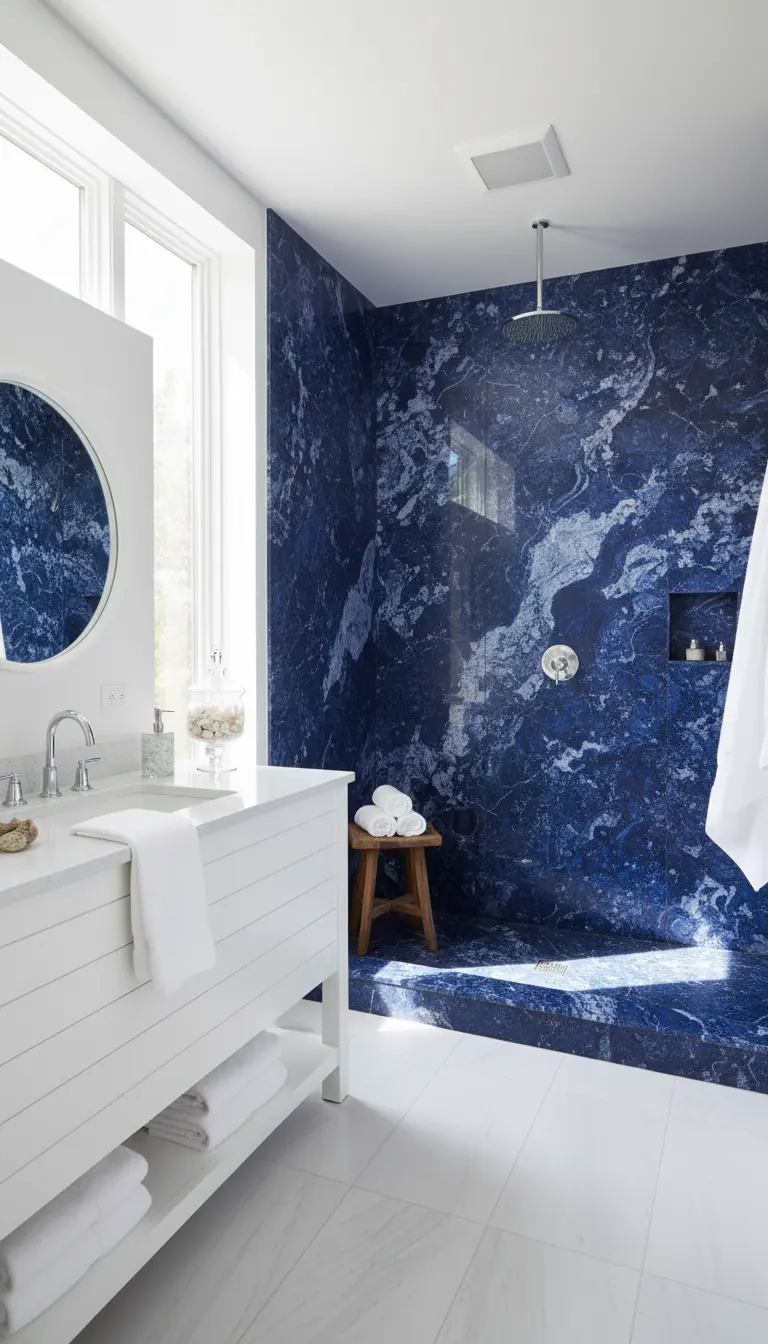 Doccia walk-in rivestita con grandi lastre di marmo blu intenso con venature bianche.