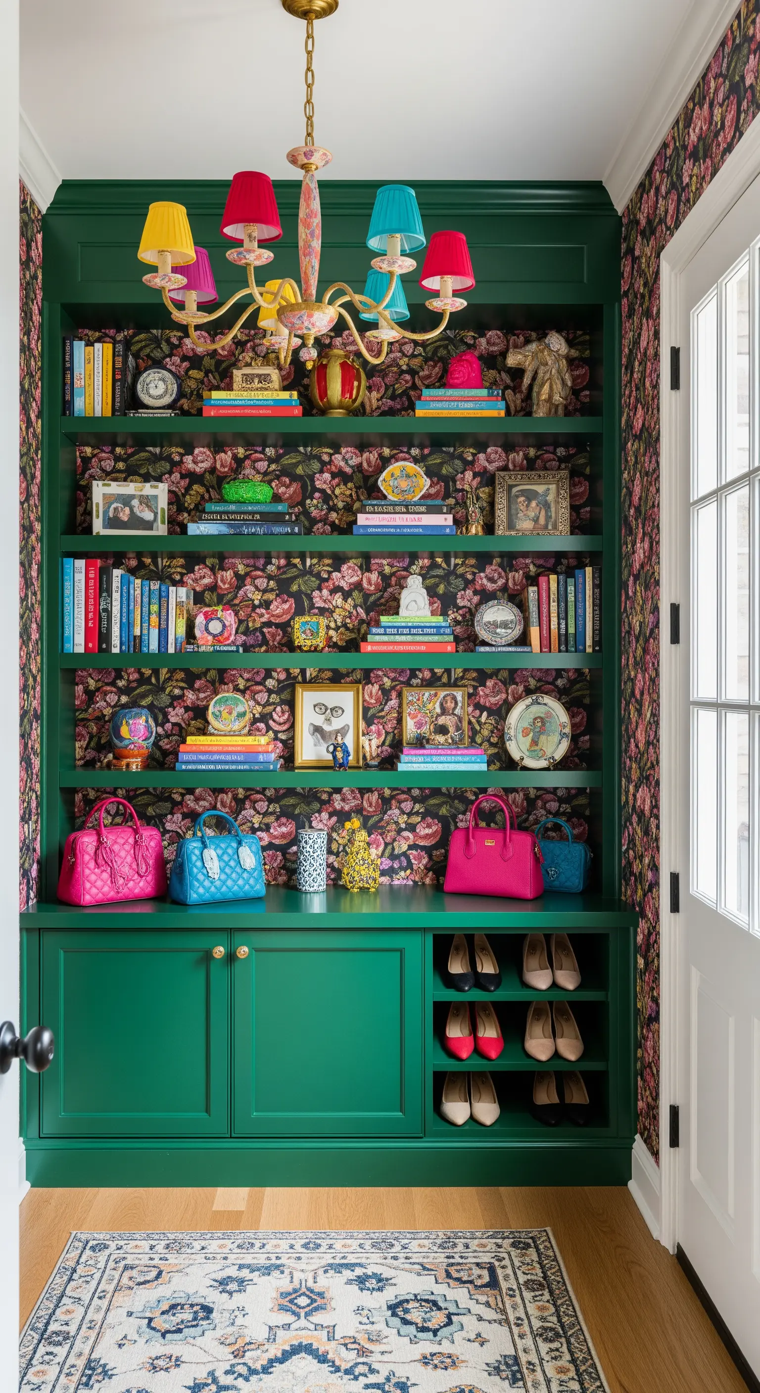 Libreria verde smeraldo con fondo rivestito in carta da parati floreale e borse colorate.