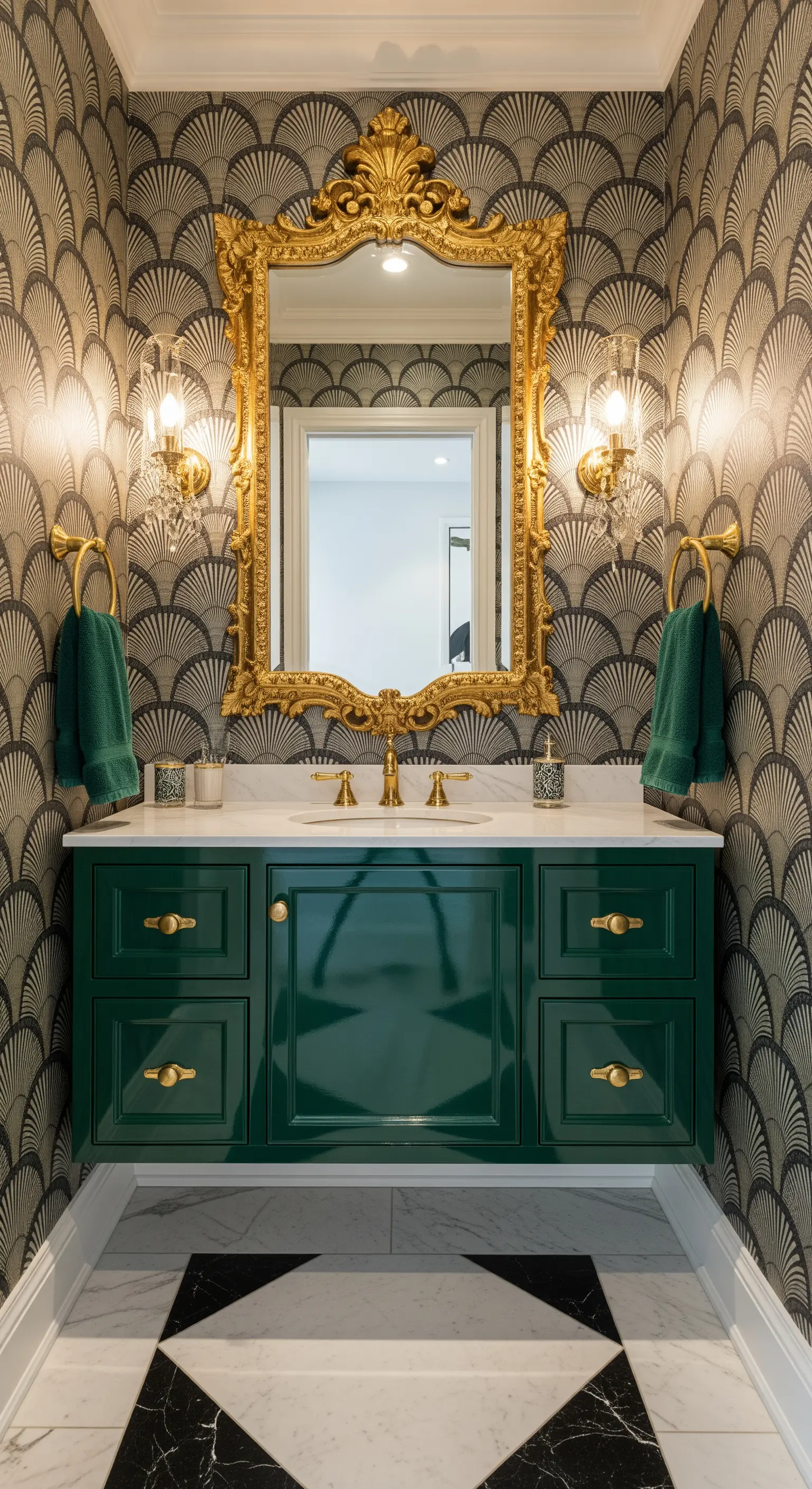 Bagno Art Déco con carta da parati a ventaglio, mobile verde e specchio dorato.