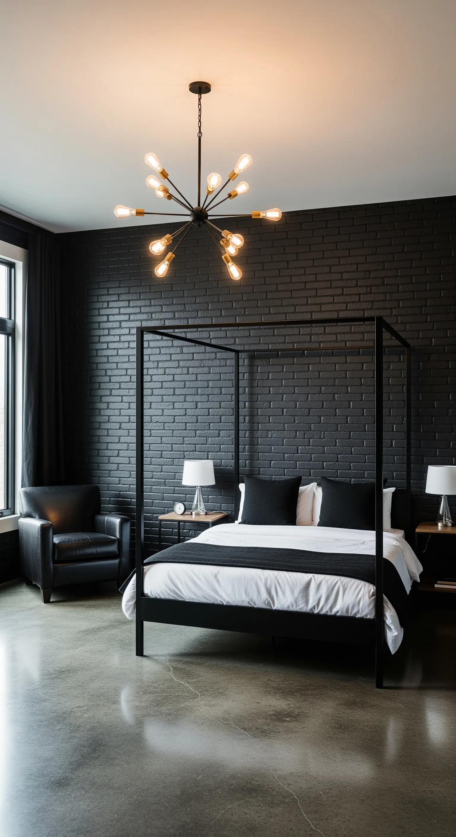 Camera da letto total black con parete di mattoni neri, letto a baldacchino e lampadario moderno.