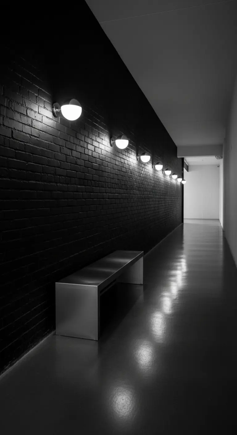 Corridoio con parete di mattoni neri, panca in metallo e luci a parete.
