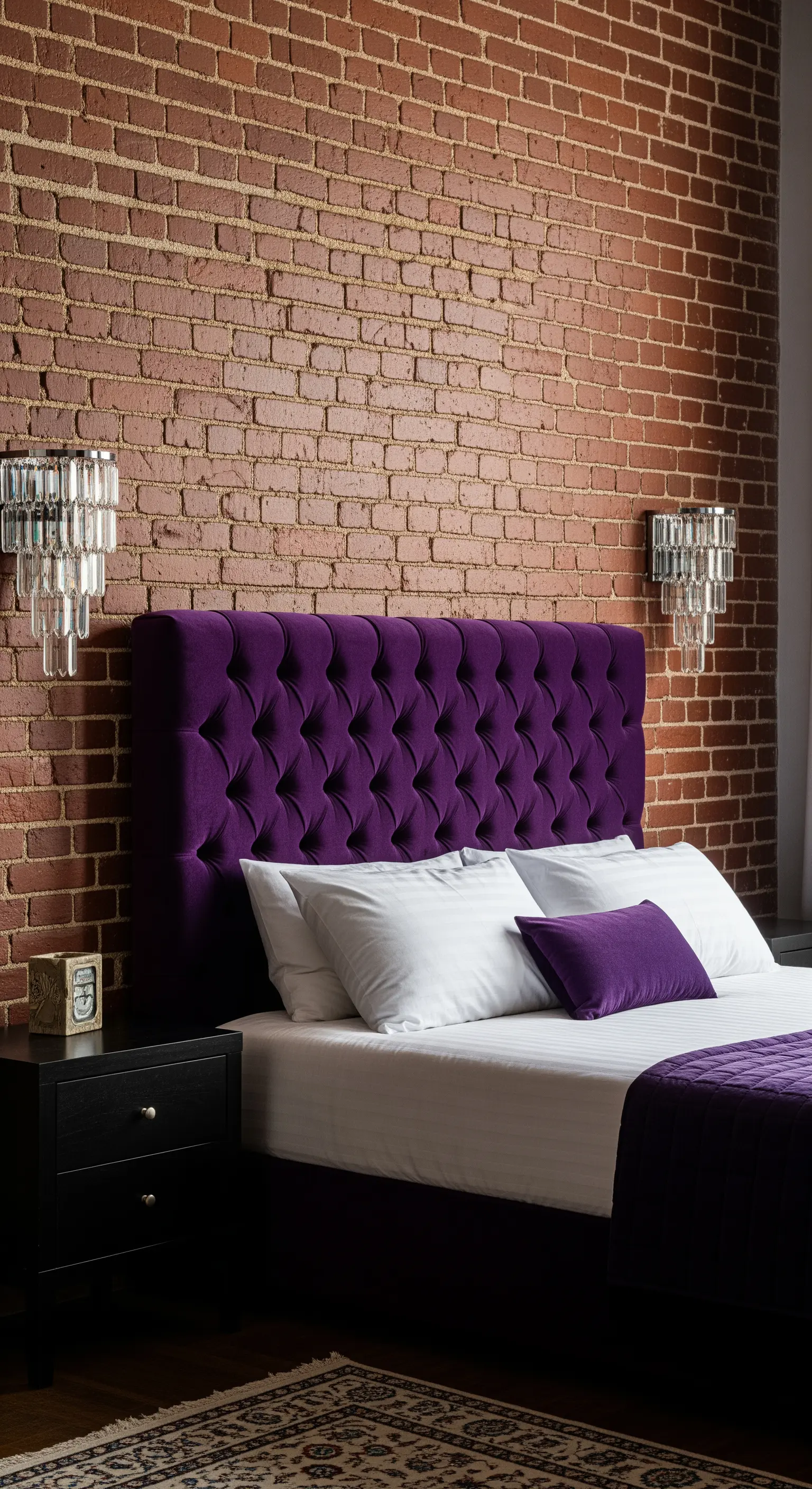 Testiera capitonné in velluto viola contro una parete di mattoni rossi, con applique di cristallo.