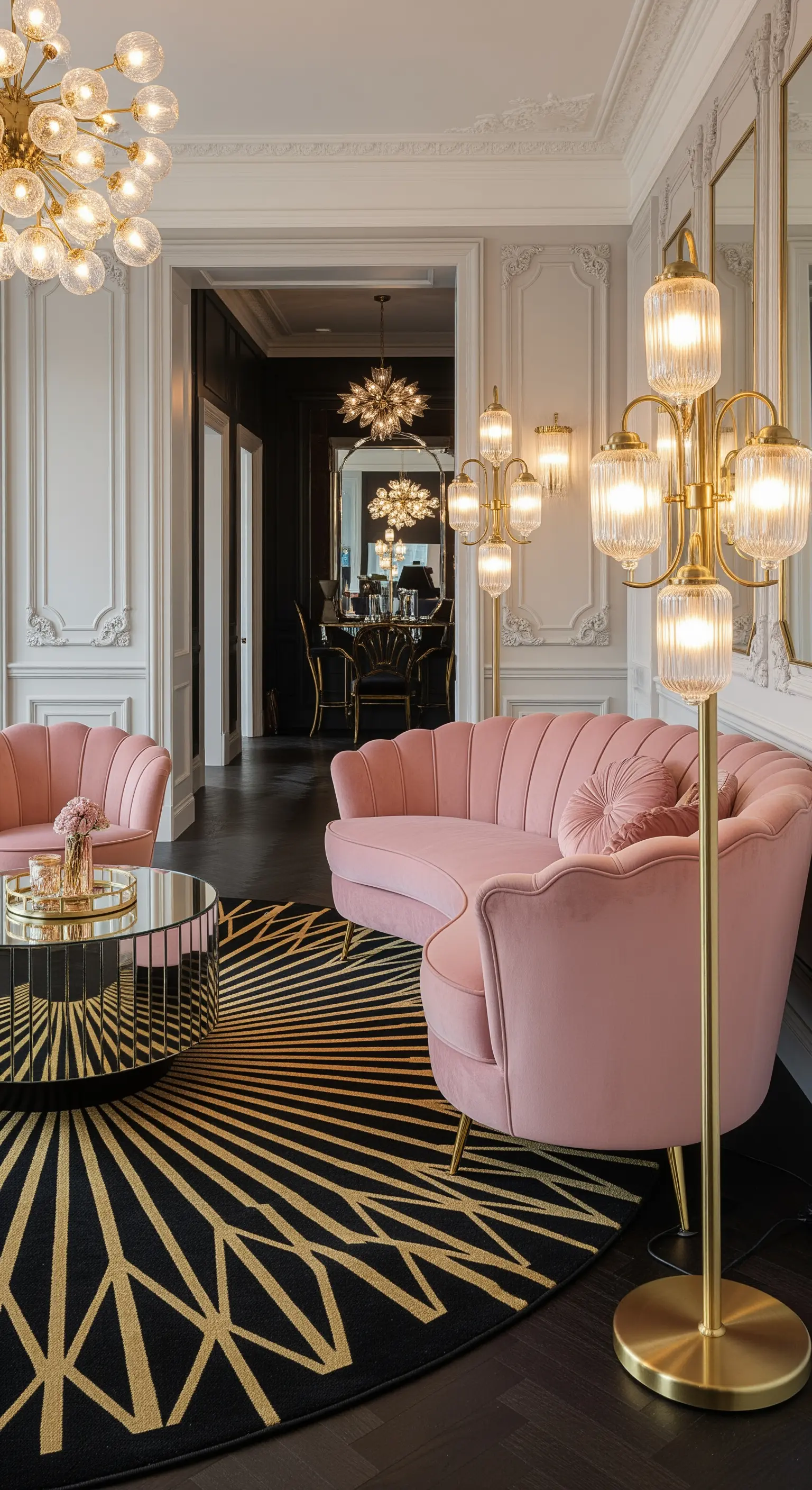Salotto glamour con divano curvo in velluto rosa, tappeto nero e oro e lampada dorata.