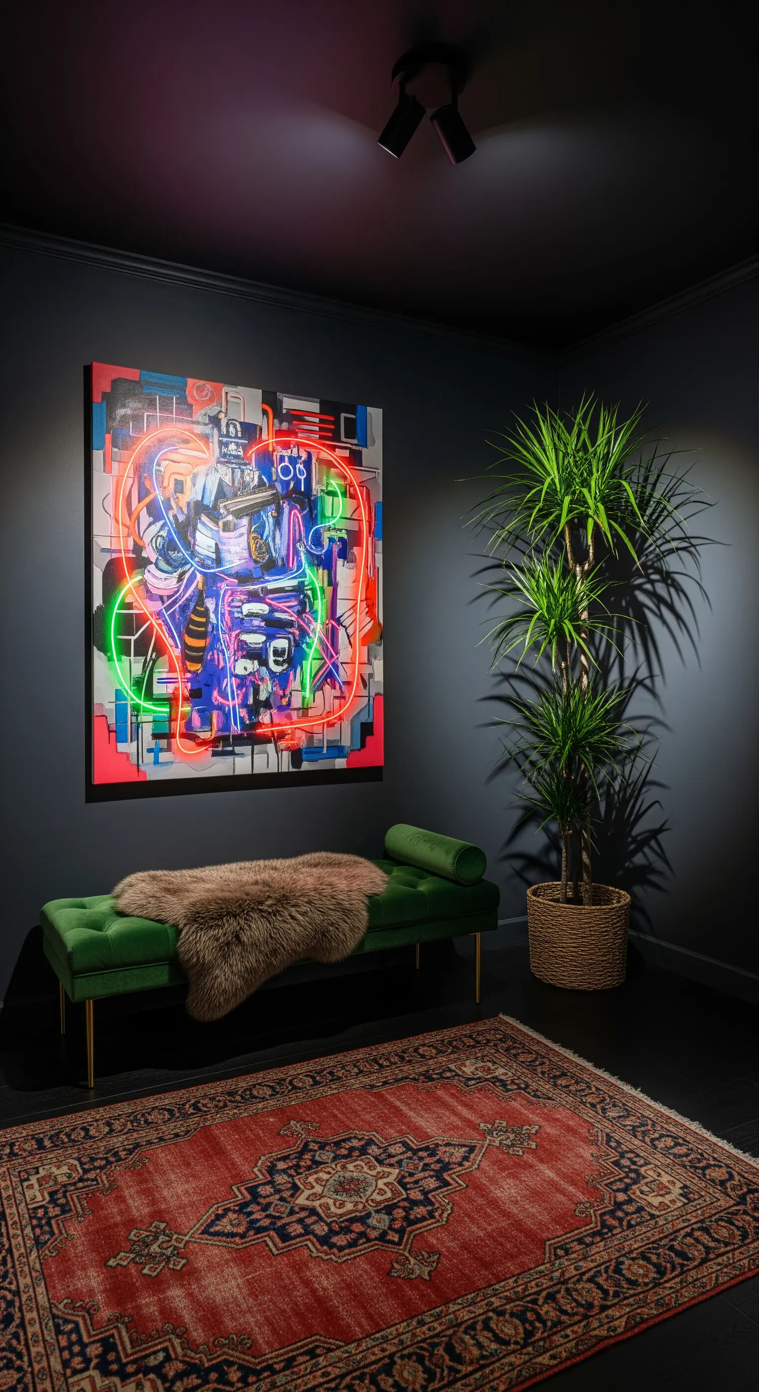 Ingresso con pareti nere, opera d'arte al neon, panca in velluto verde e tappeto persiano.