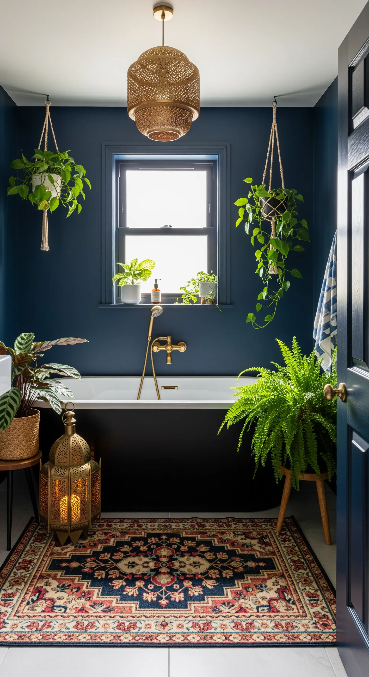 Bagno blu scuro con vasca nera, tappeto persiano e dettagli in ottone.