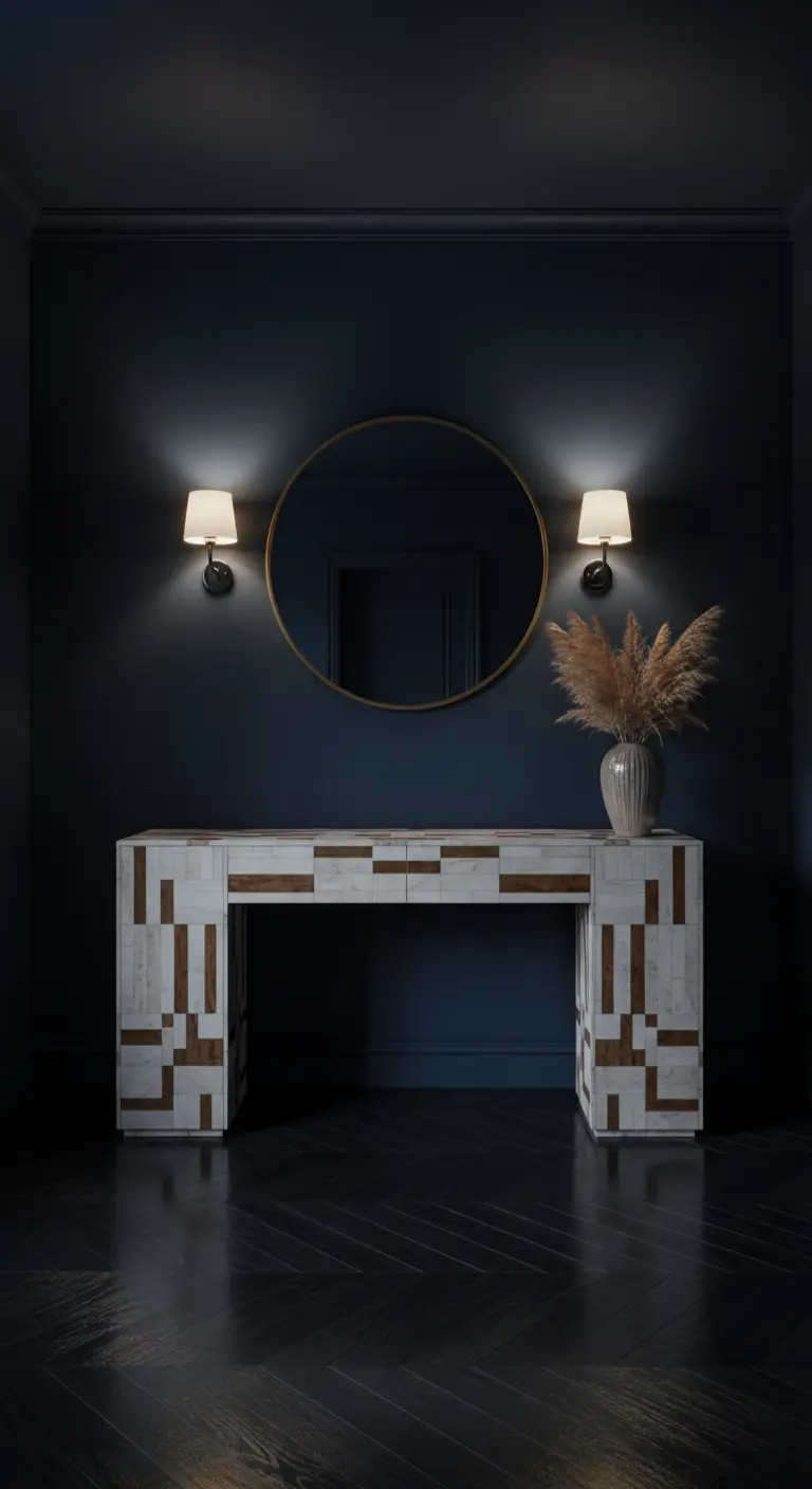 Ingresso con pareti blu scuro, consolle geometrica bianca e legno, e specchio rotondo dorato.