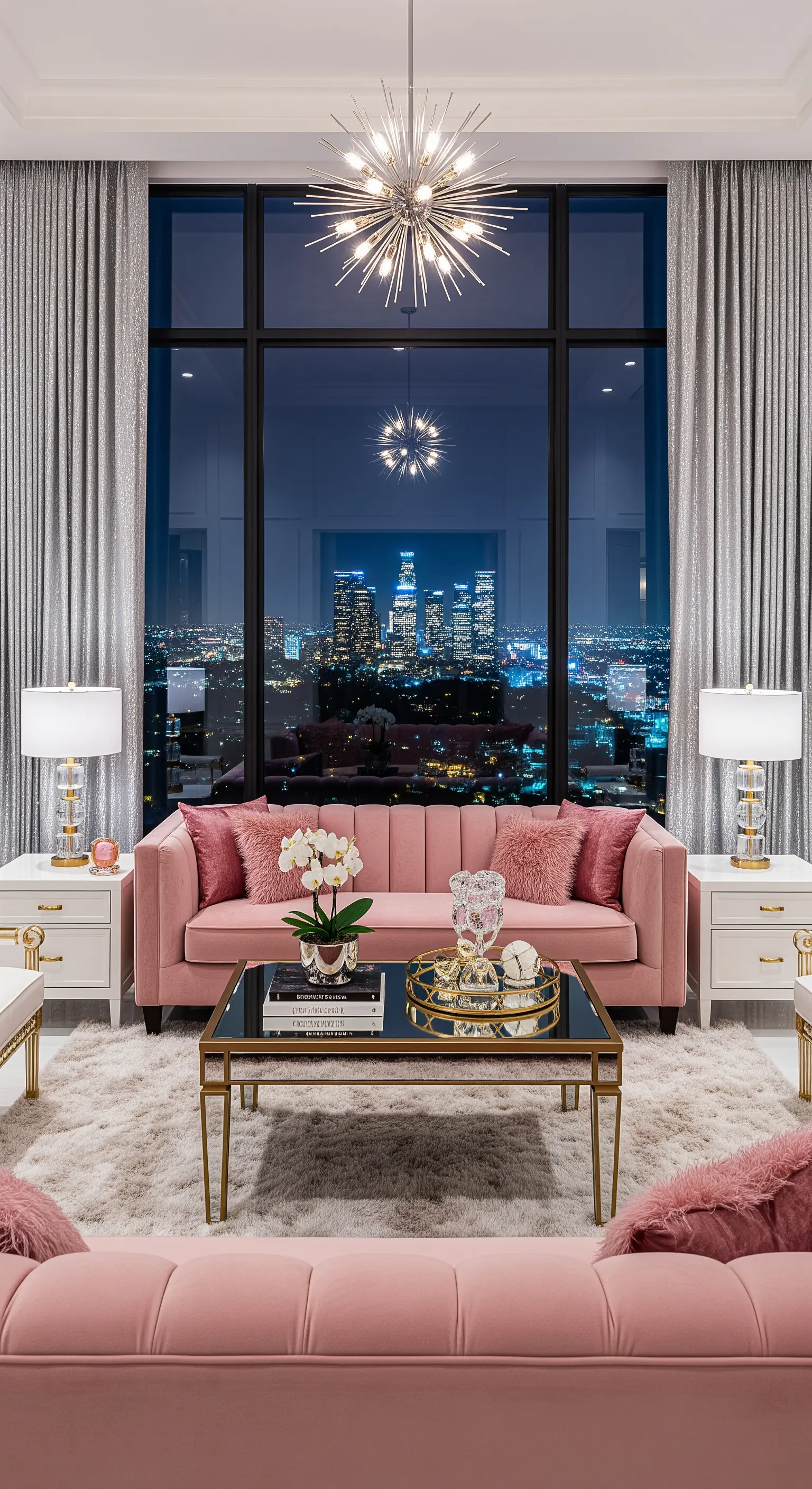 Salotto glamour con divano rosa, lampadario sputnik e tende argentate scintillanti.
