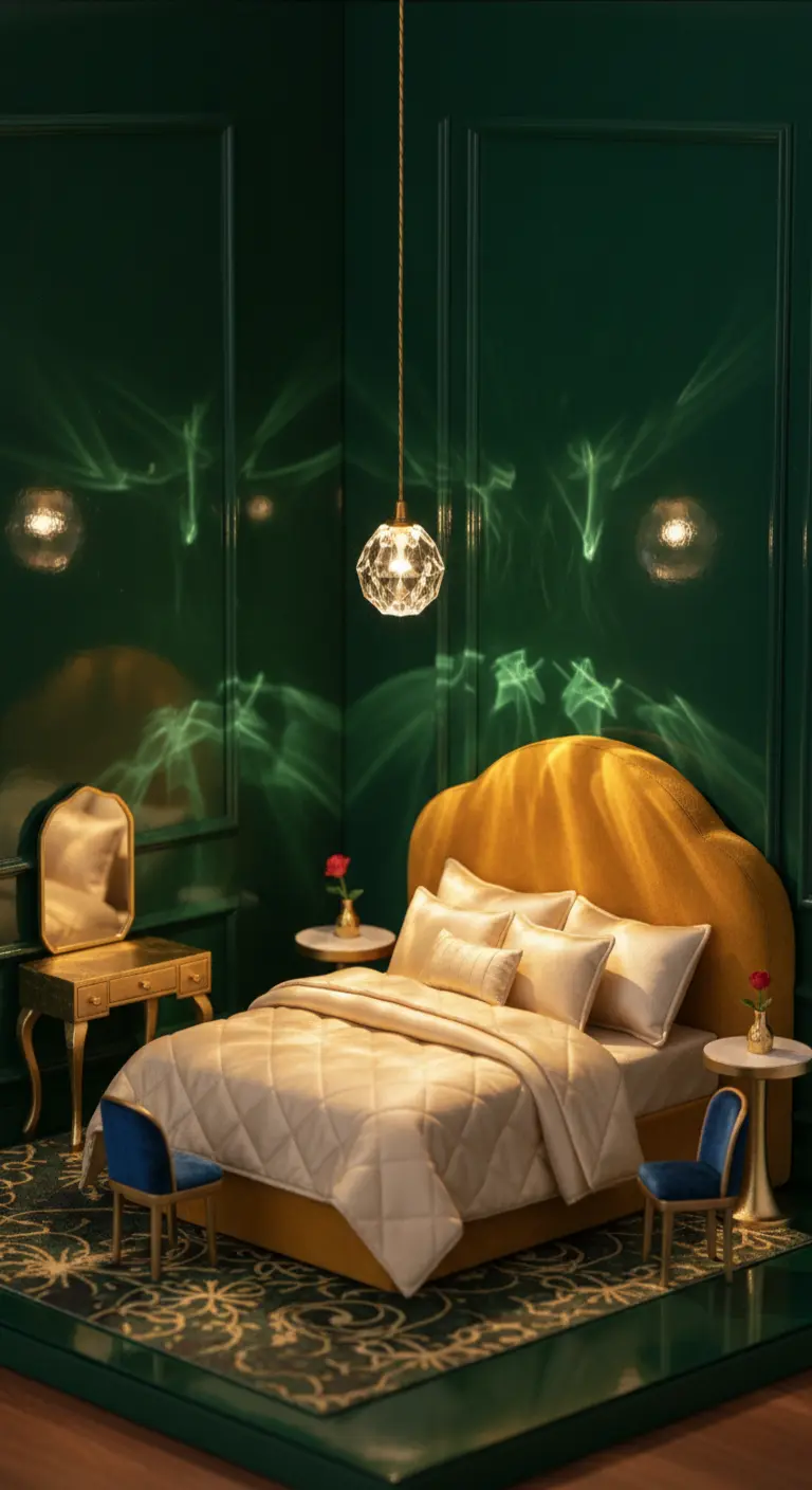 Camera da letto lussuosa con pareti verde smeraldo, letto in velluto ocra e dettagli dorati.