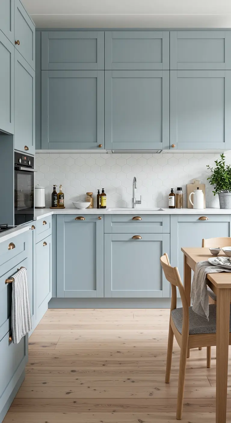 Cucina con mobili azzurro polvere, piastrelle esagonali bianche e pavimento in legno chiaro.