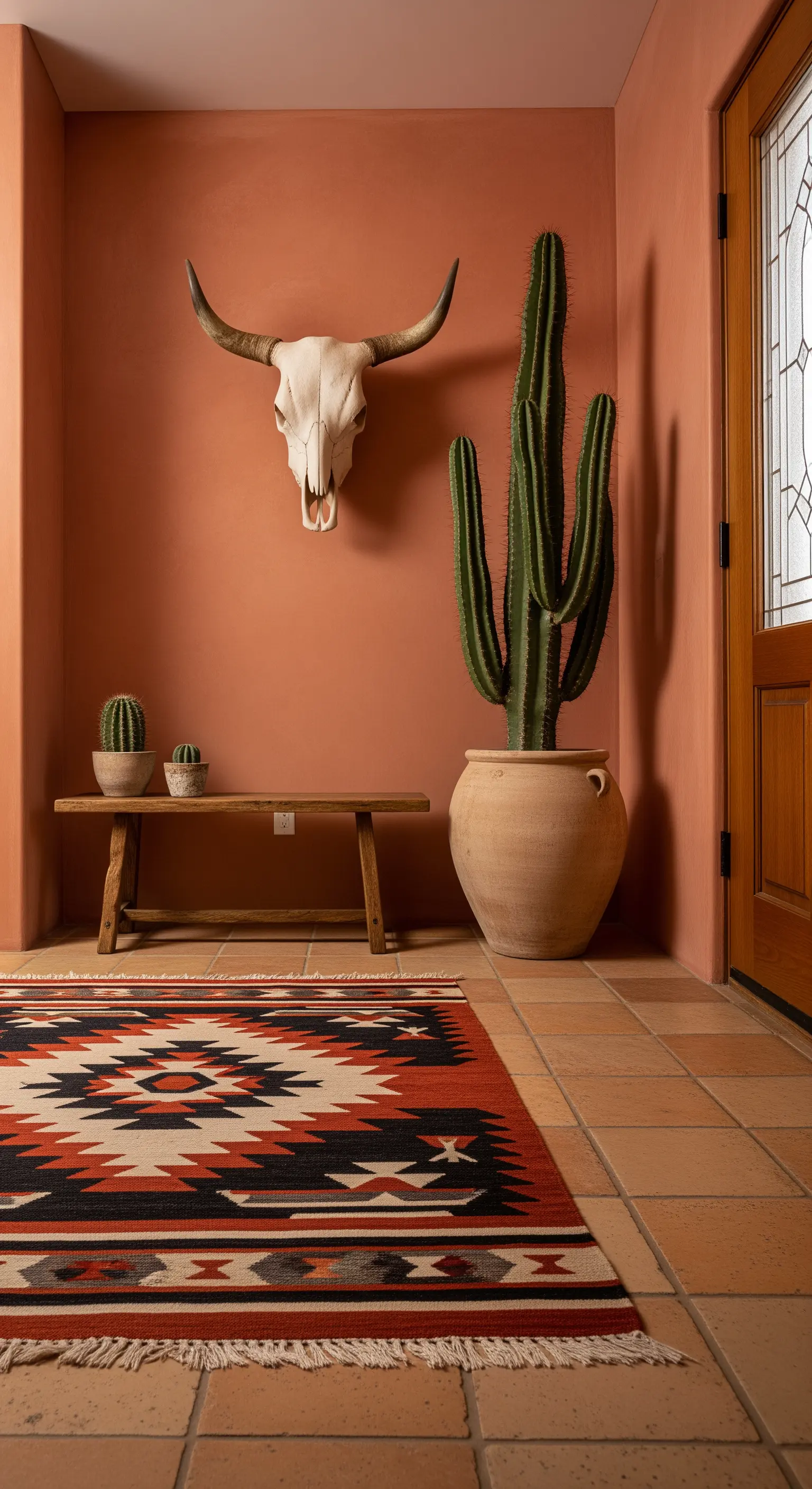 Ingresso in stile Southwestern con pareti terracotta, teschio decorativo e un grande cactus.