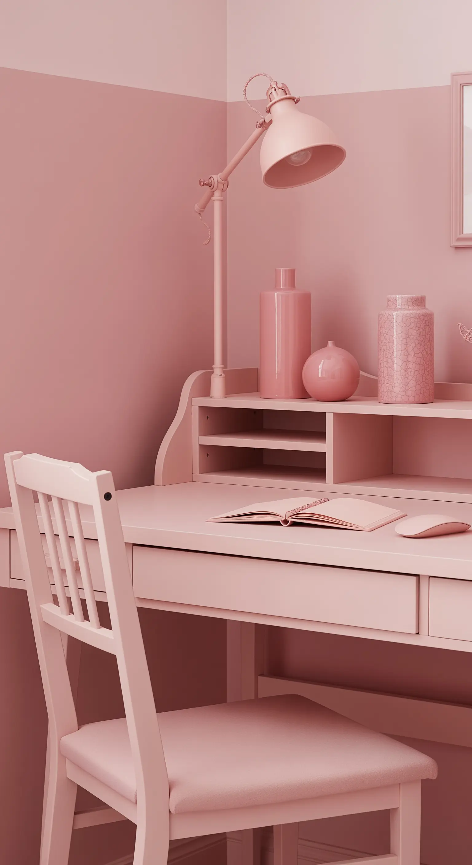 Un angolo studio interamente dipinto di rosa, dalla parete alla sedia agli accessori.