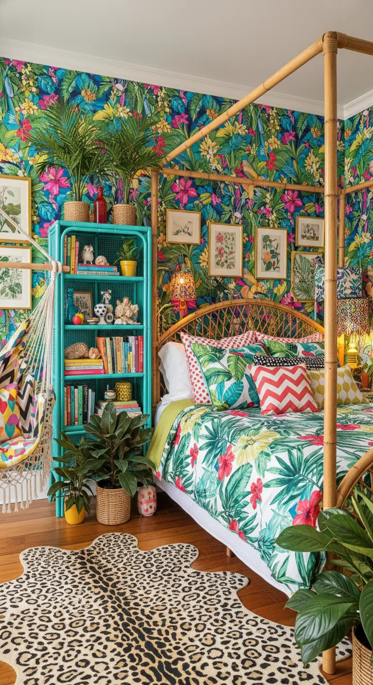 Camera da letto massimalista con carta da parati floreale, letto in bambù e tappeto leopardato.