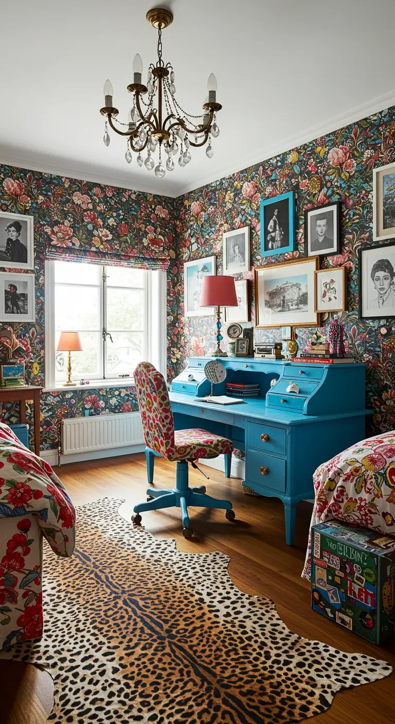 Scrivania vintage dipinta di blu acceso in una camera con carta da parati floreale.