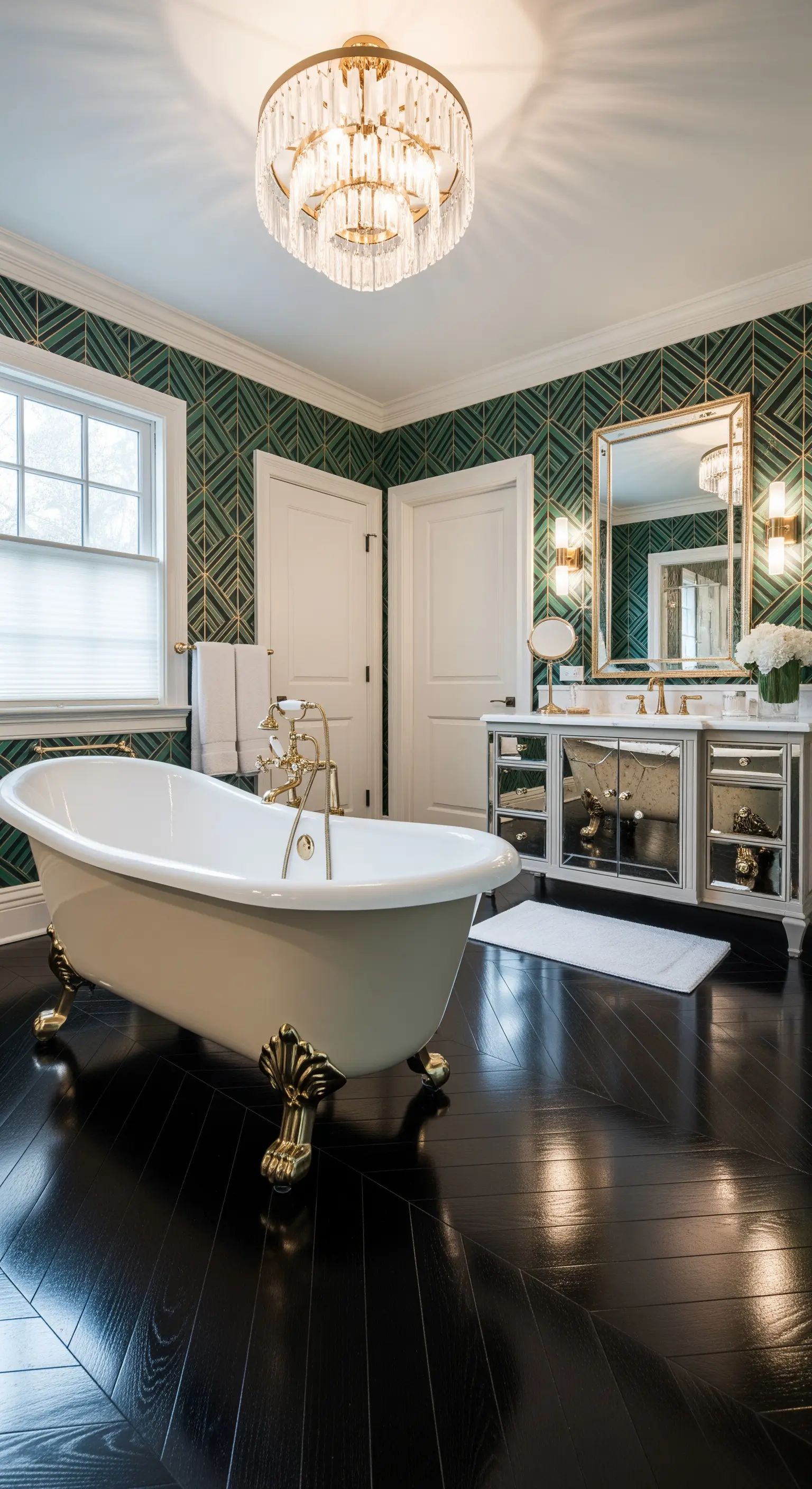 Bagno glamour con parquet nero lucido, carta da parati verde e oro, e vasca con piedini dorati.
