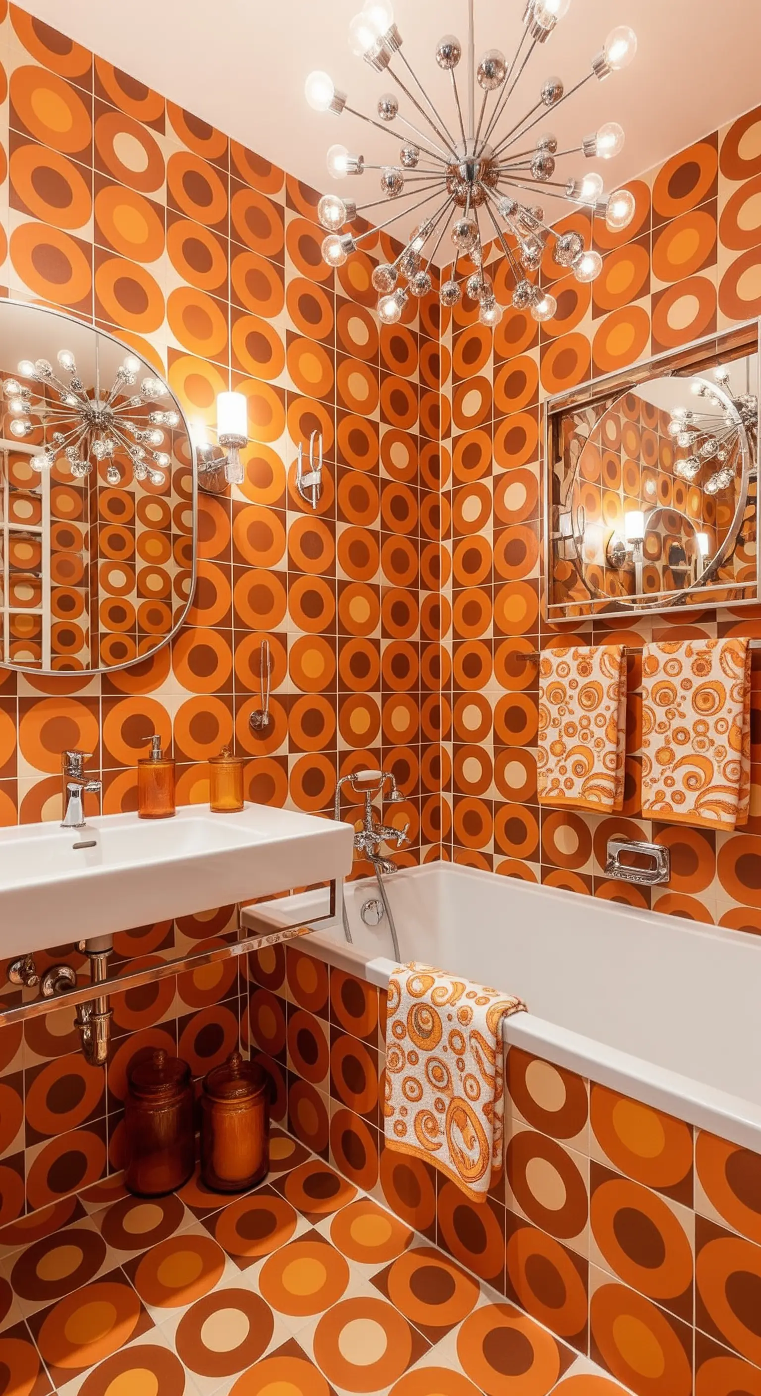 Bagno interamente rivestito con piastrelle optical arancioni e marroni.