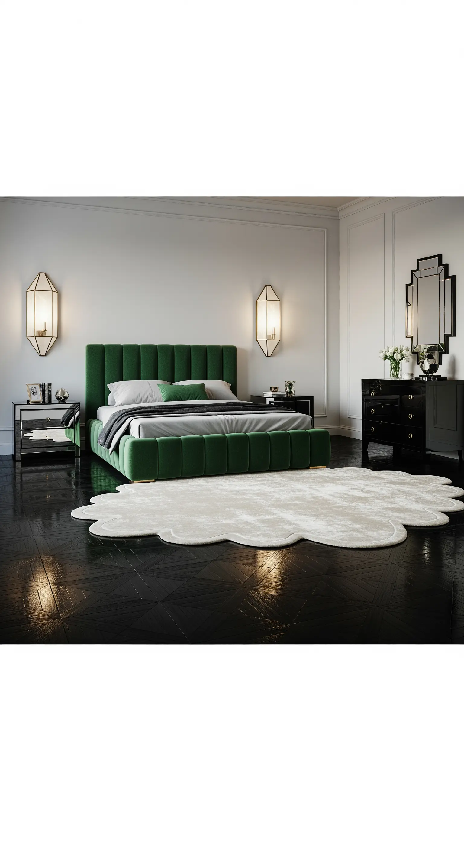 Letto in velluto verde e parquet nero con un tappeto bianco a forma di nuvola