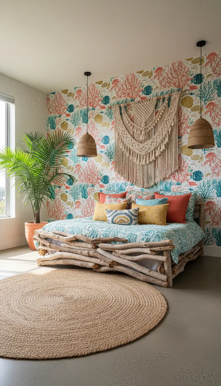Letto in legno grezzo con carta da parati a tema coralli e pesci e un arazzo in macramè.