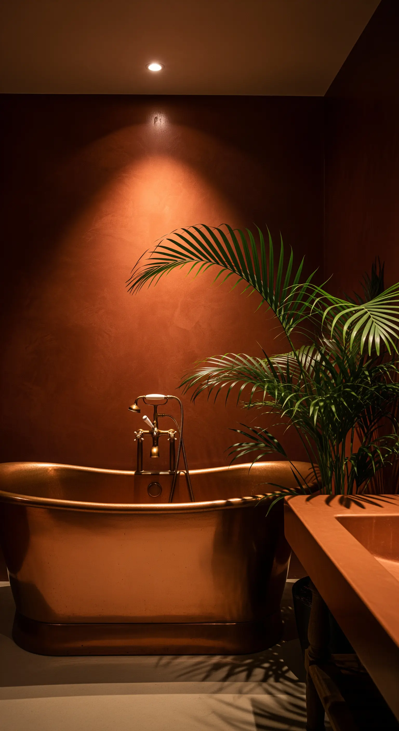 Bagno scuro con pareti terracotta, vasca in rame illuminata da un faretto e una palma.