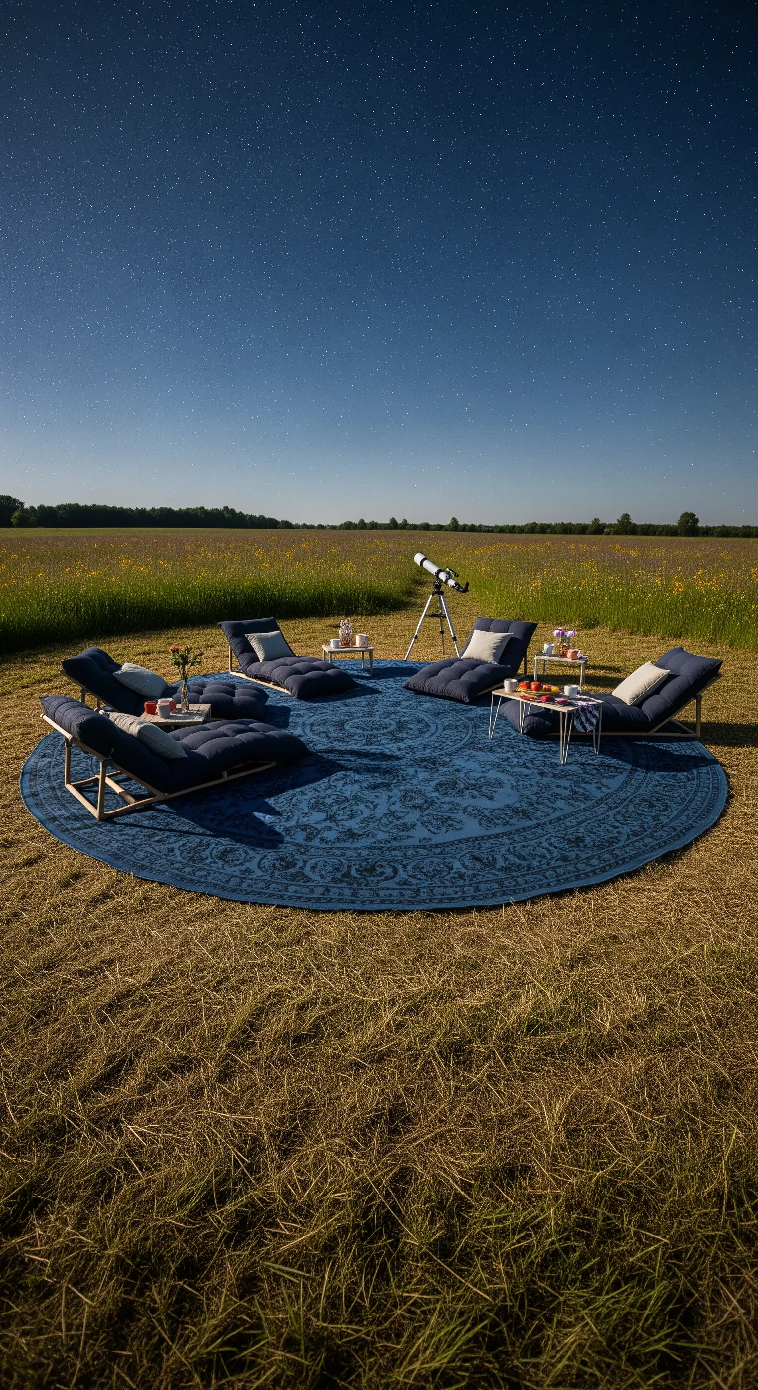 Tappeto rotondo blu in un campo di notte, con chaise longue, un telescopio e il cielo stellato.