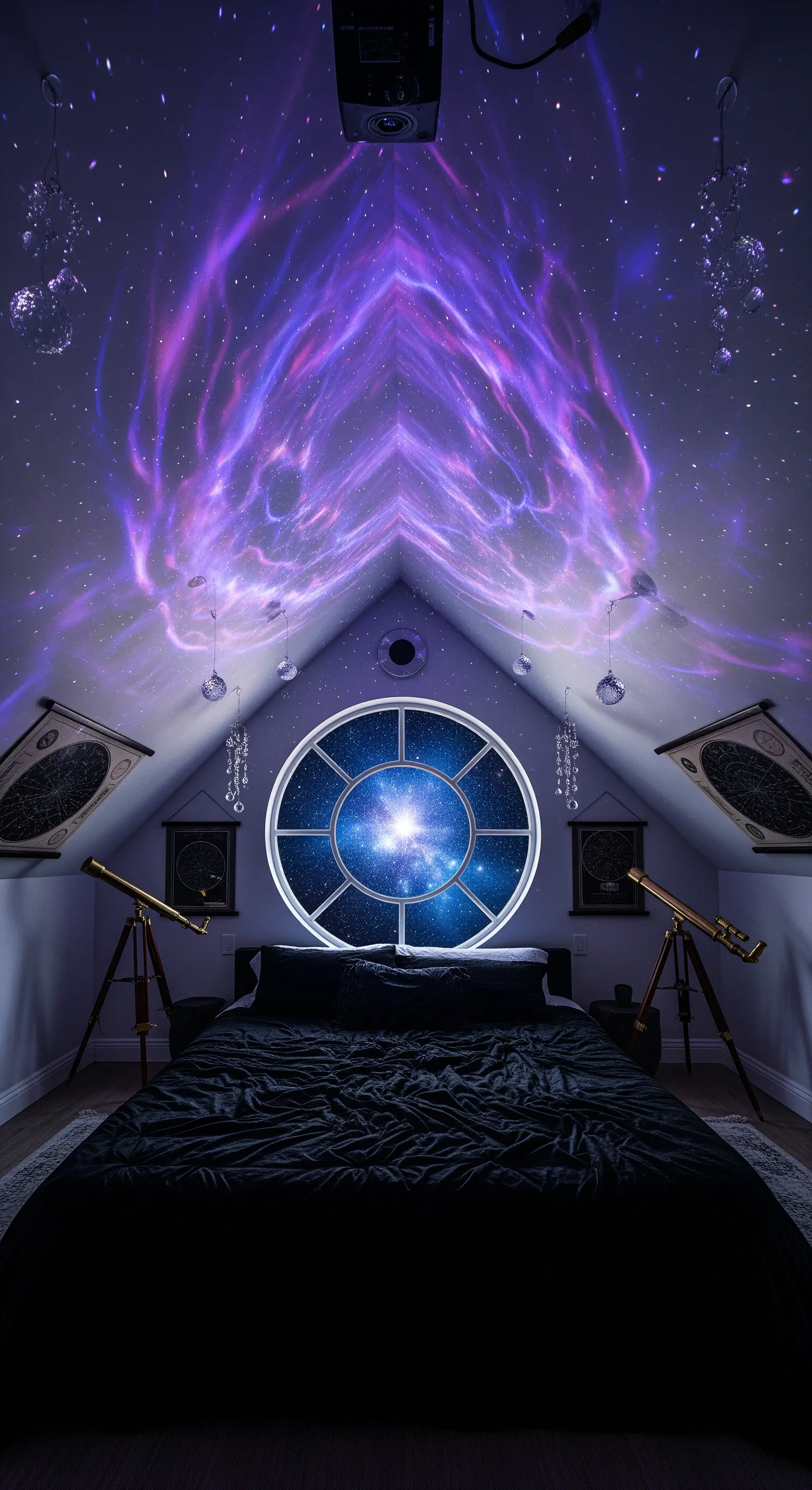 Proiezione di una galassia viola e blu sul soffitto di una camera da letto in mansarda.