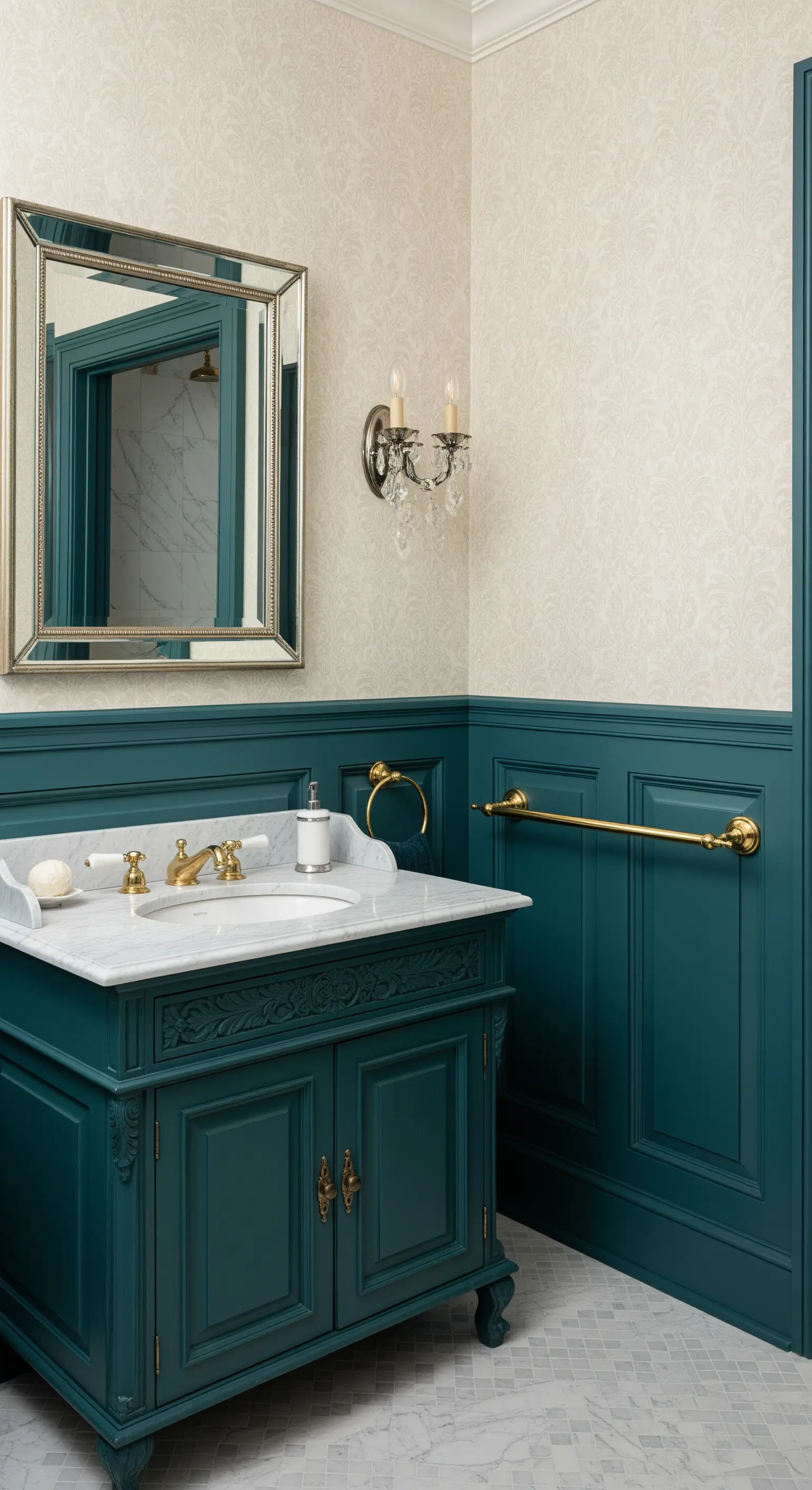 Bagno tradizionale con boiserie ottanio, mobile intagliato e carta da parati damascata.