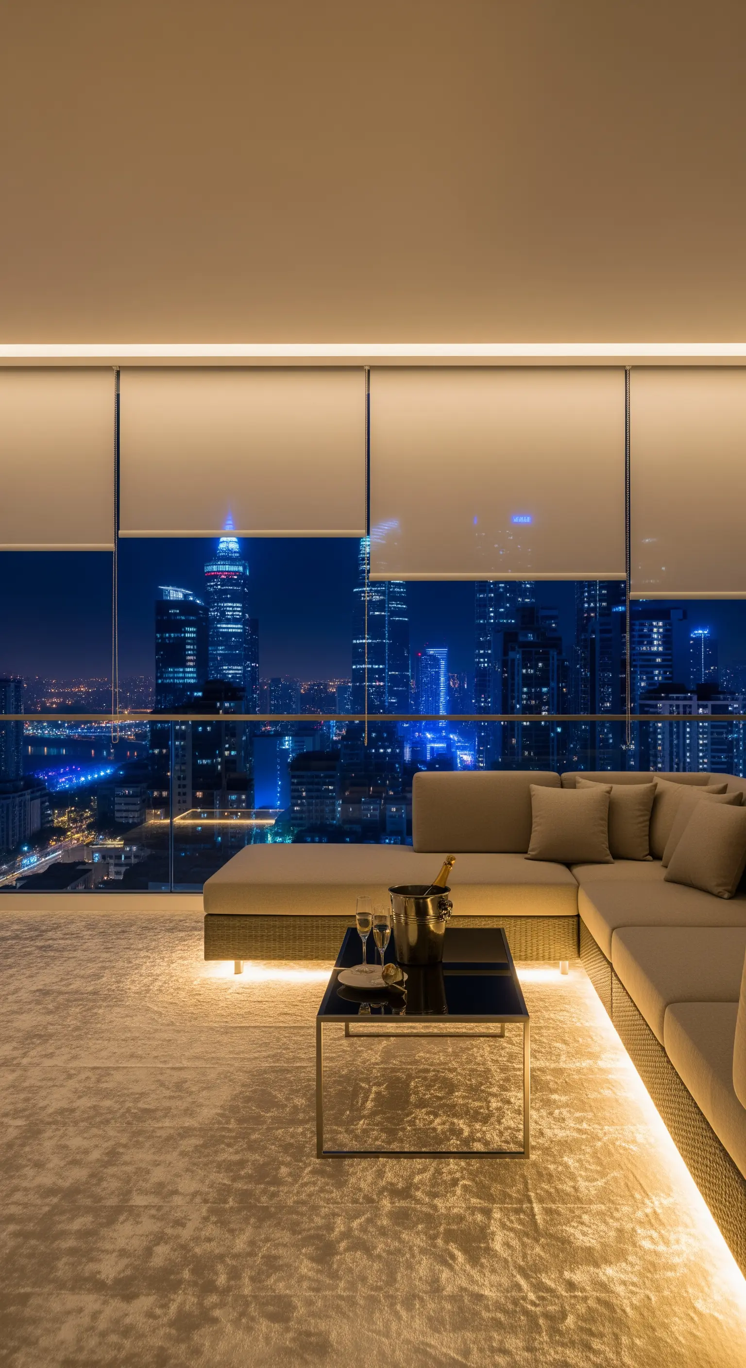 Salotto con vista sulla città di notte, tende a rullo e luci LED sotto al divano.