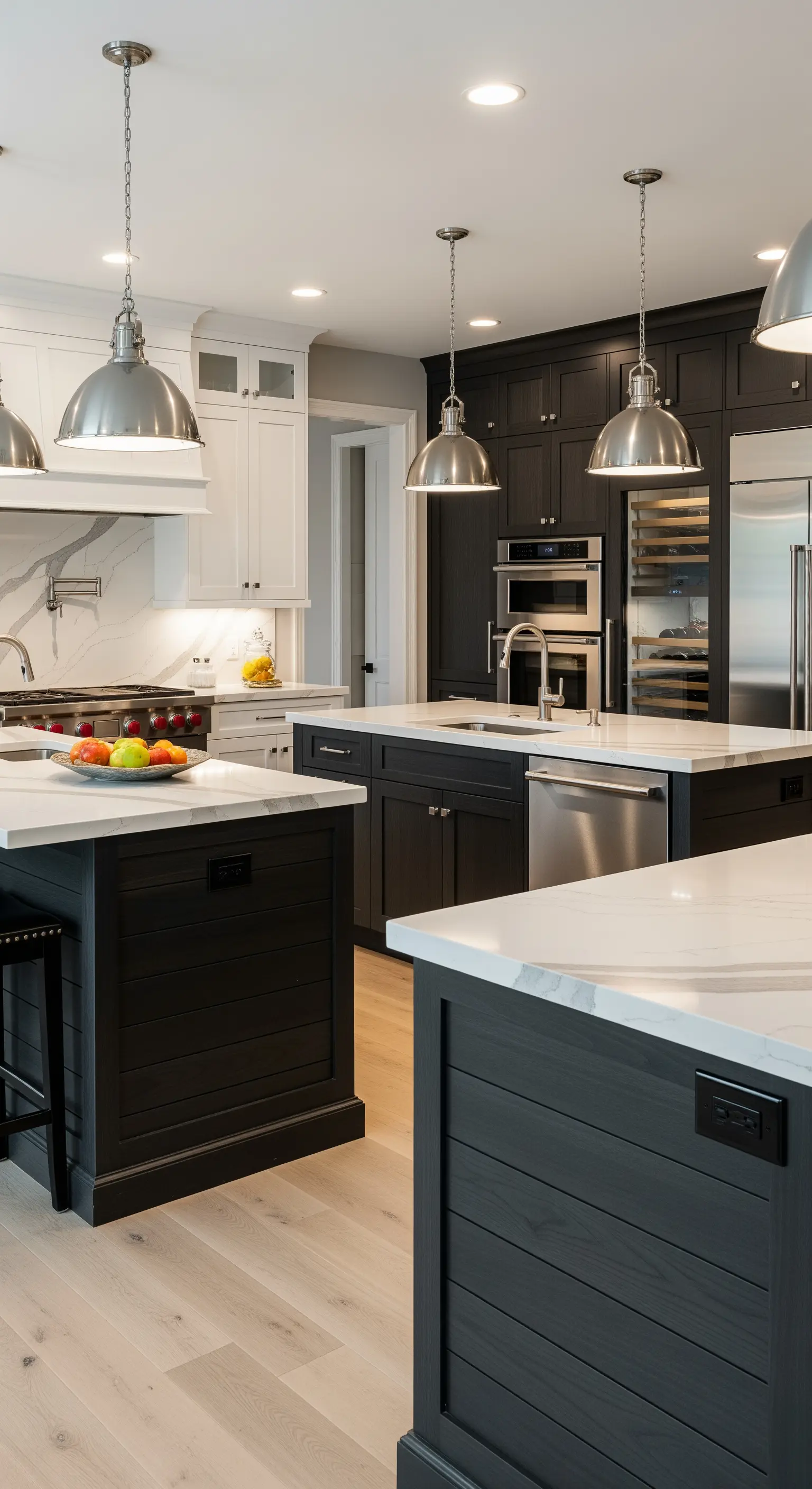 Grande cucina con tre isole separate, mobili scuri e top in quarzo bianco.