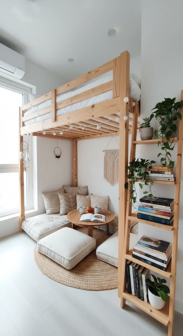 Letto a soppalco in legno con un'area relax con cuscini e tavolino sottostante.