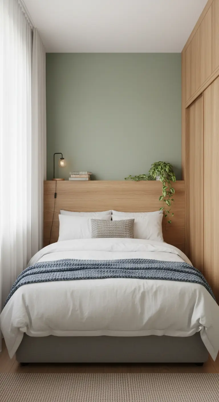 Letto accostato a una parete verde salvia con una testiera in legno che funge anche da mensola.