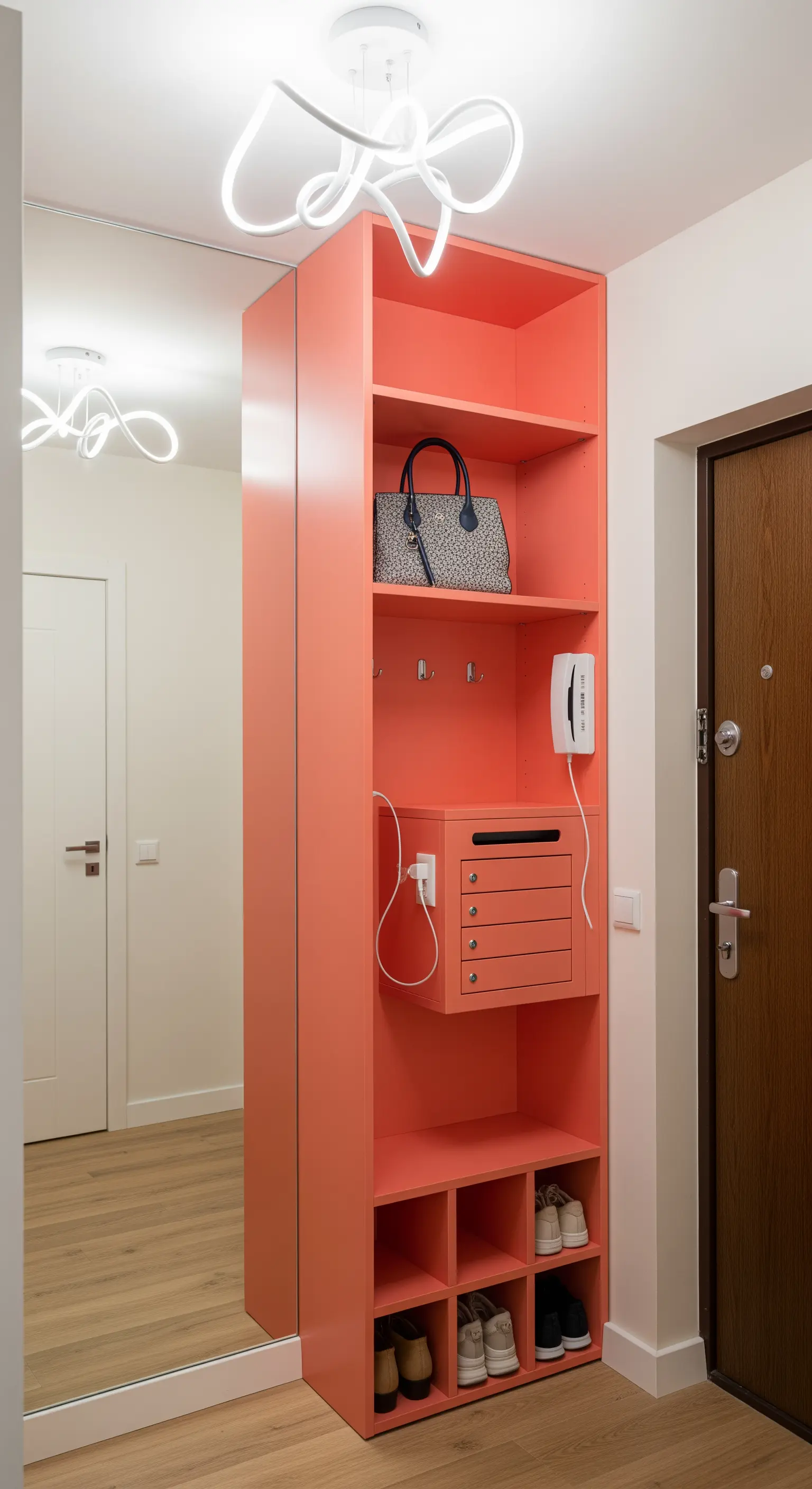 Libreria a colonna color corallo con scarpiera, ganci e stazione di ricarica integrata.